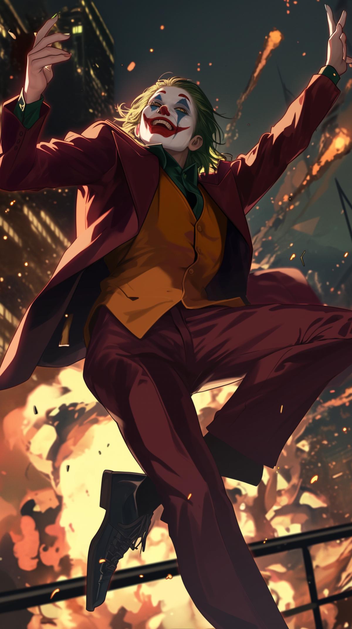 The Joker dances and laughs in the center of Gotham at night against the backdrop of an explosion.