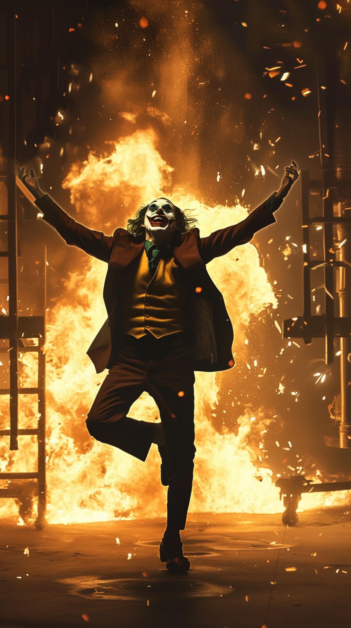 The Joker dances and laughs in the center of Gotham at night against the backdrop of an explosion.