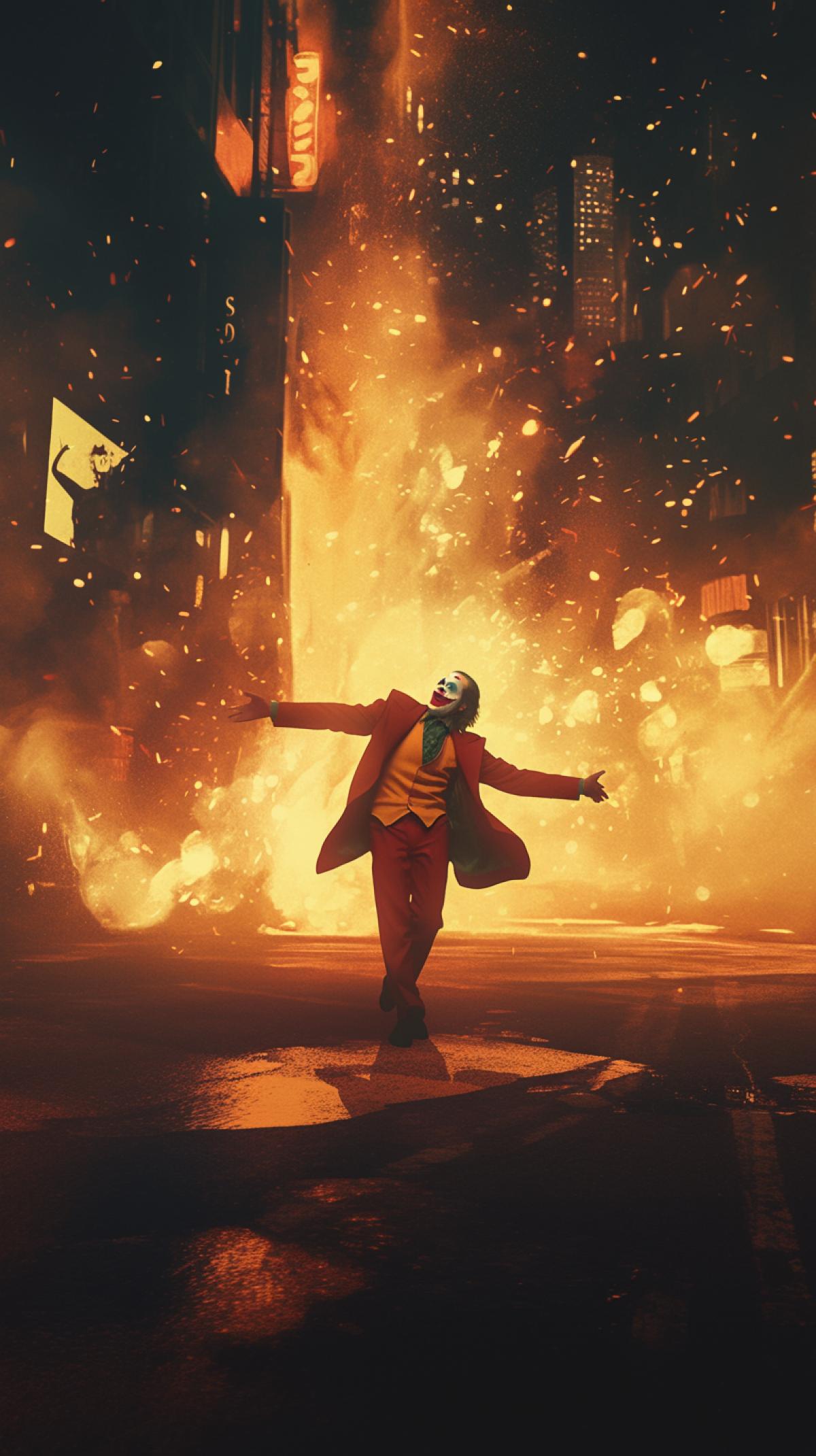 The Joker dances and laughs in the center of Gotham at night against the backdrop of an explosion.