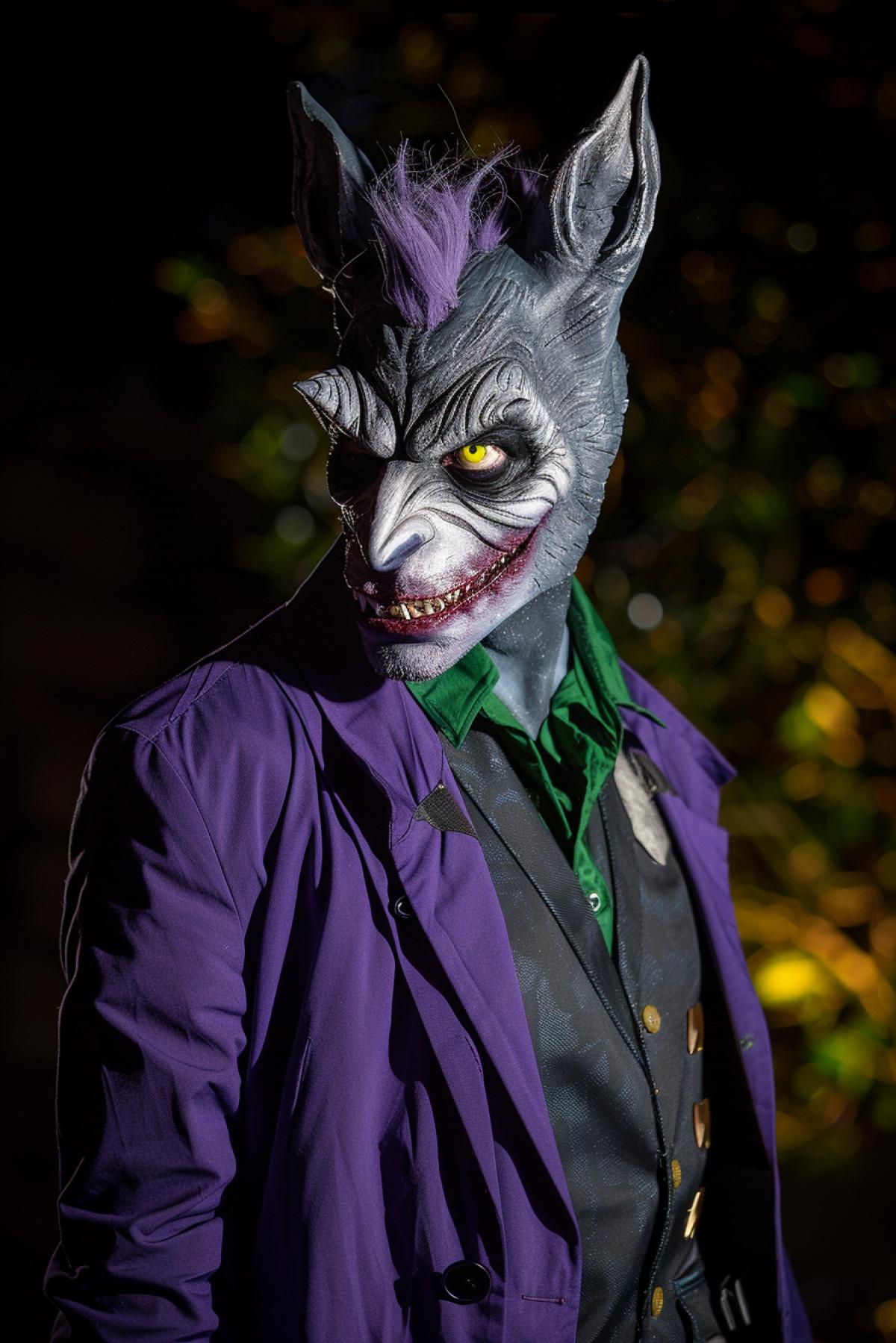 Fat lazy panda cosplaying the Joker. Professional portrait in dark colors. Epic atmosphere.