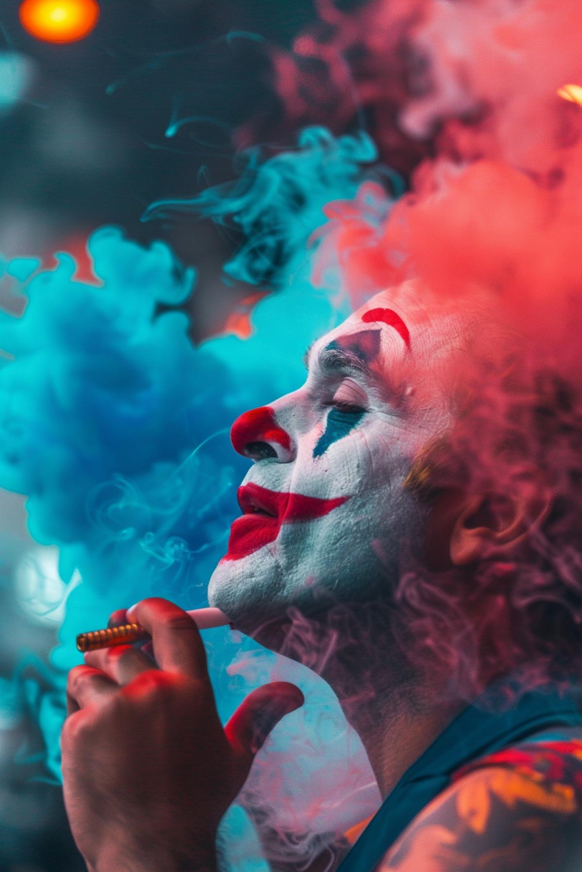 Joker in a fat panda suit. Professional photo in dark colors. Epic atmosphere.
