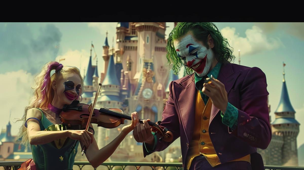 The Joker plays the violin for Harley Quinn against the backdrop of the Disney castle in the style of Disney childrens films, maximum detail, high quality, contour lighting.