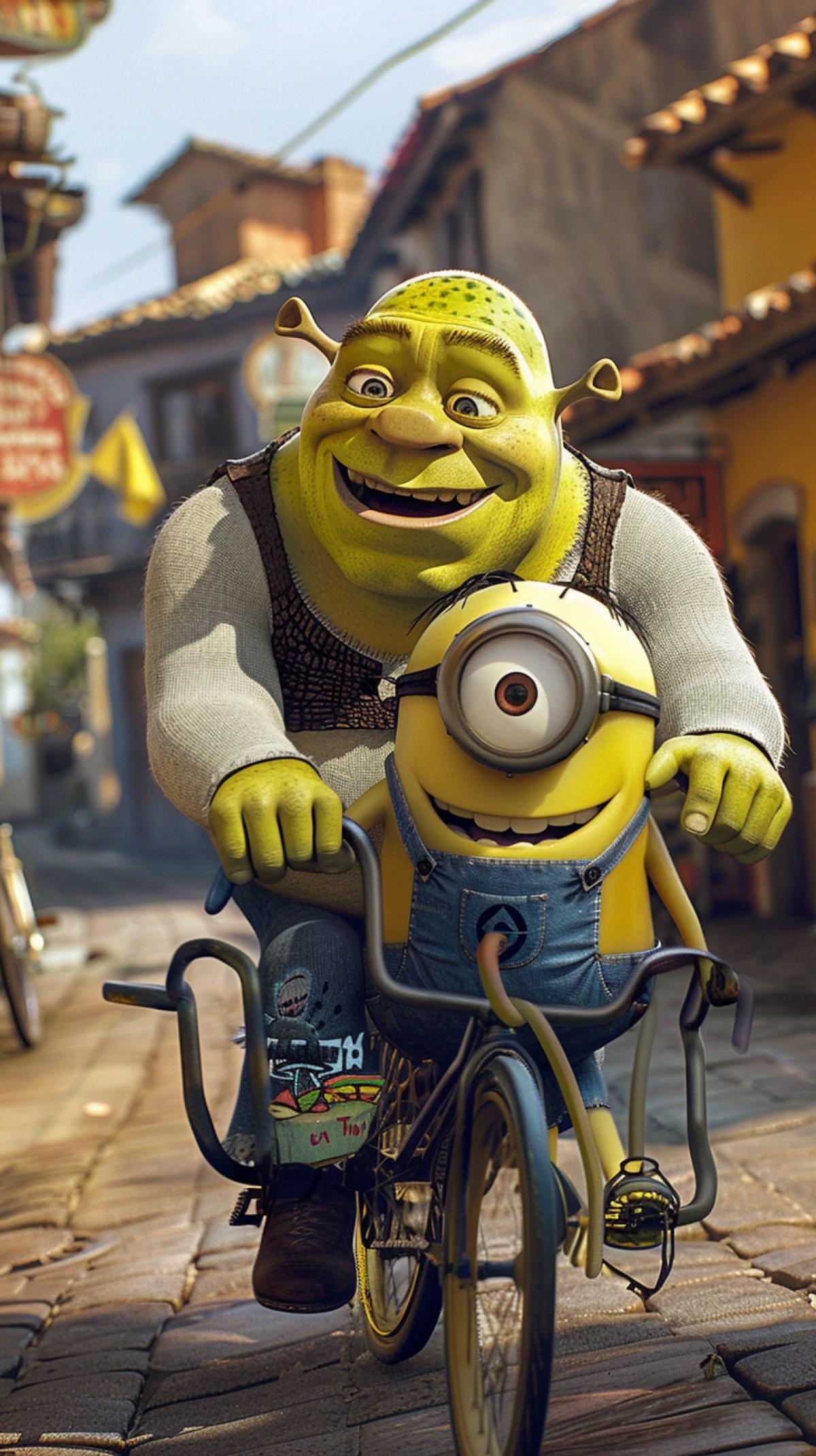 Shrek and Minion are best friends and go everywhere together on their tagalong bike