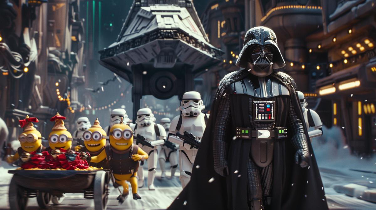 Minions carry a festive palanquin with Darth Vader to the spaceship ramp, a still from the movie Star Wars Expanded Universe, maximum details