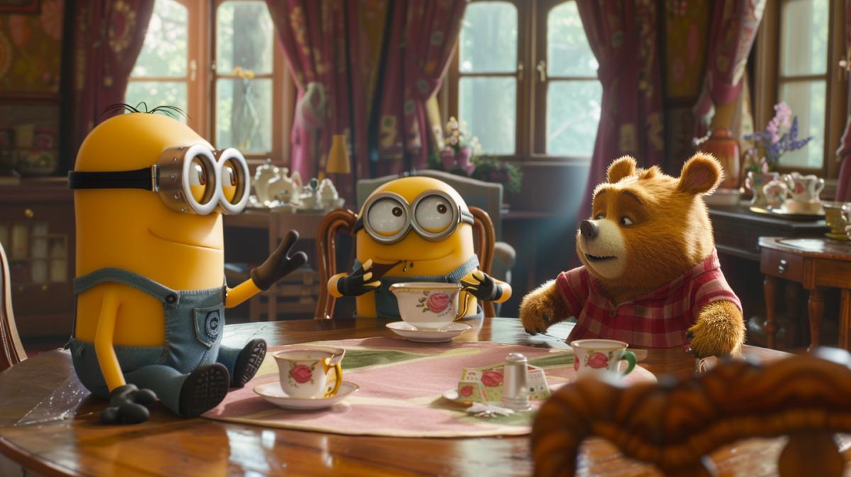 The Minions (Minions film), Cheburashka (2022 film), Winnie the Pooh (1969 cartoon) are sitting at the table and drinking tea, a still from a childrens film