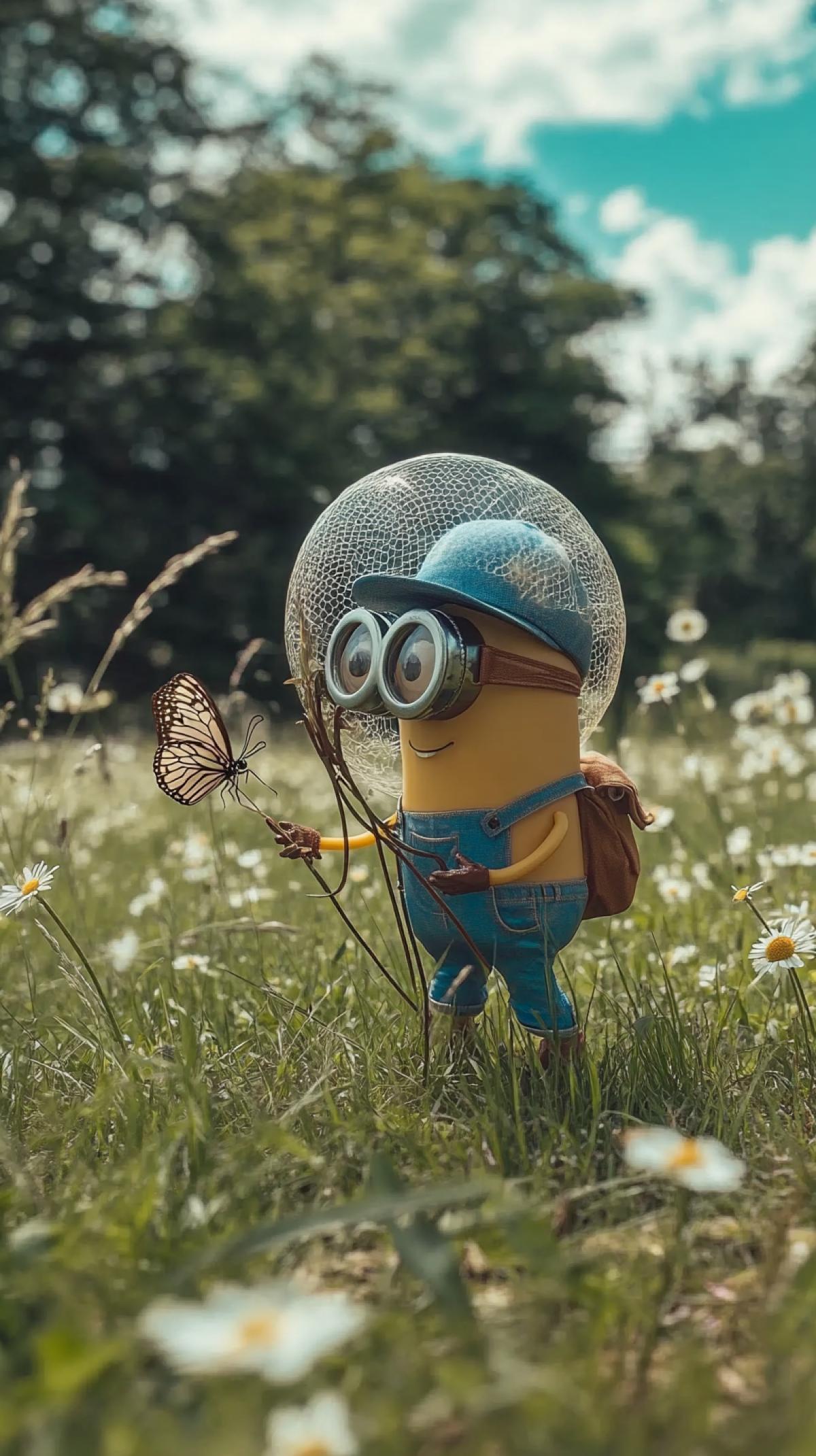 A hot day, a meadow full of beautiful flowers, butterflies, a clear blue sky, a funny minion in blue shorts, glasses and a Panama hat catches butterflies with a net, rejoices
