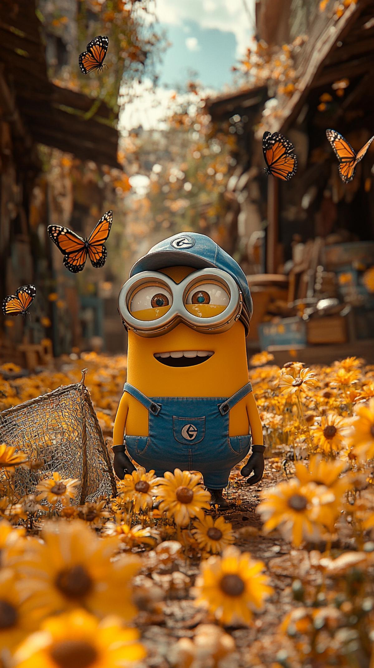 A hot day, a meadow full of beautiful flowers, butterflies, a clear blue sky, a funny minion in blue shorts, glasses and a Panama hat catches butterflies with a net, rejoices