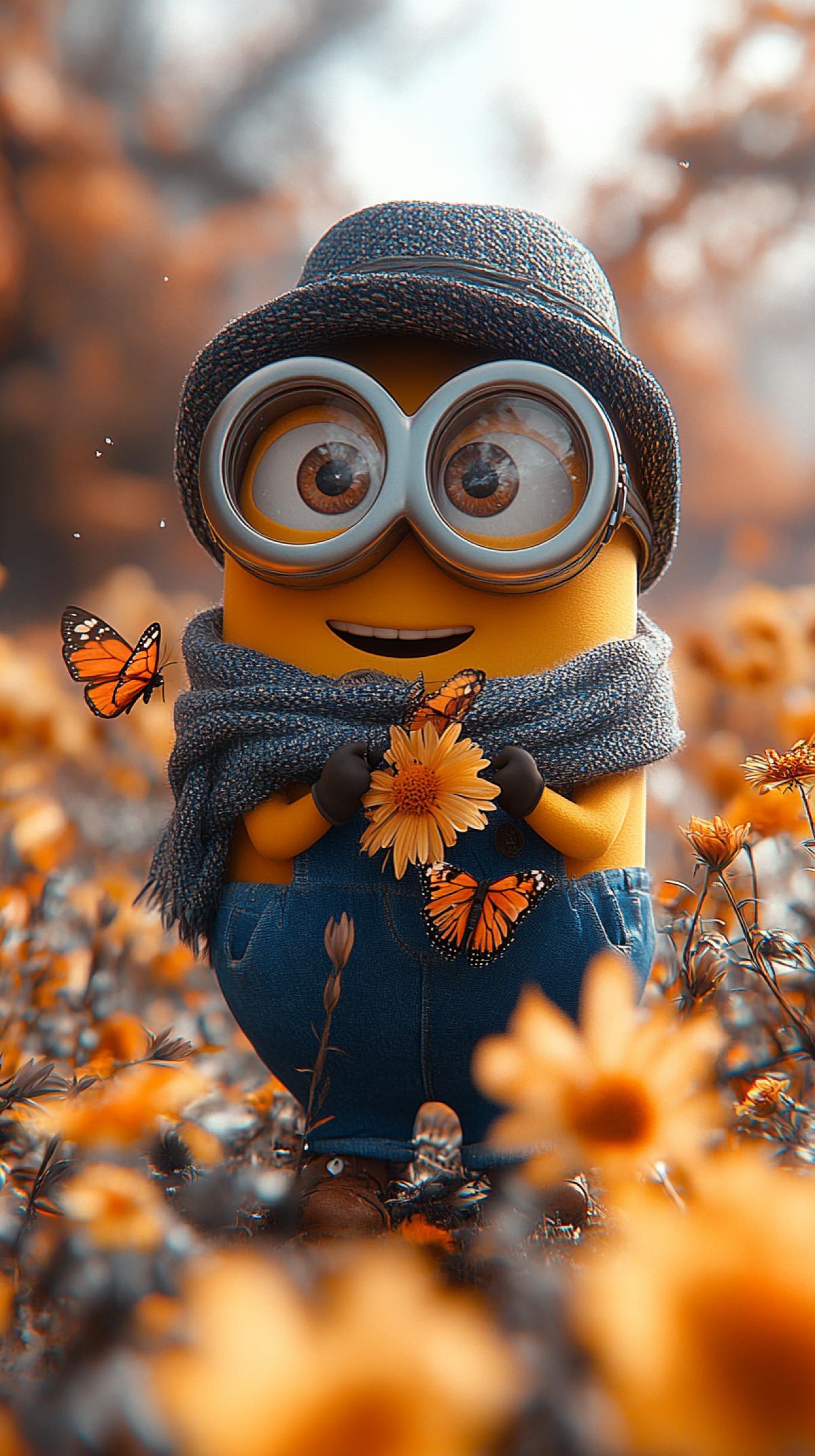 A hot day, a meadow full of beautiful flowers, butterflies, a clear blue sky, a funny minion in blue shorts, glasses and a Panama hat catches butterflies with a net, rejoices