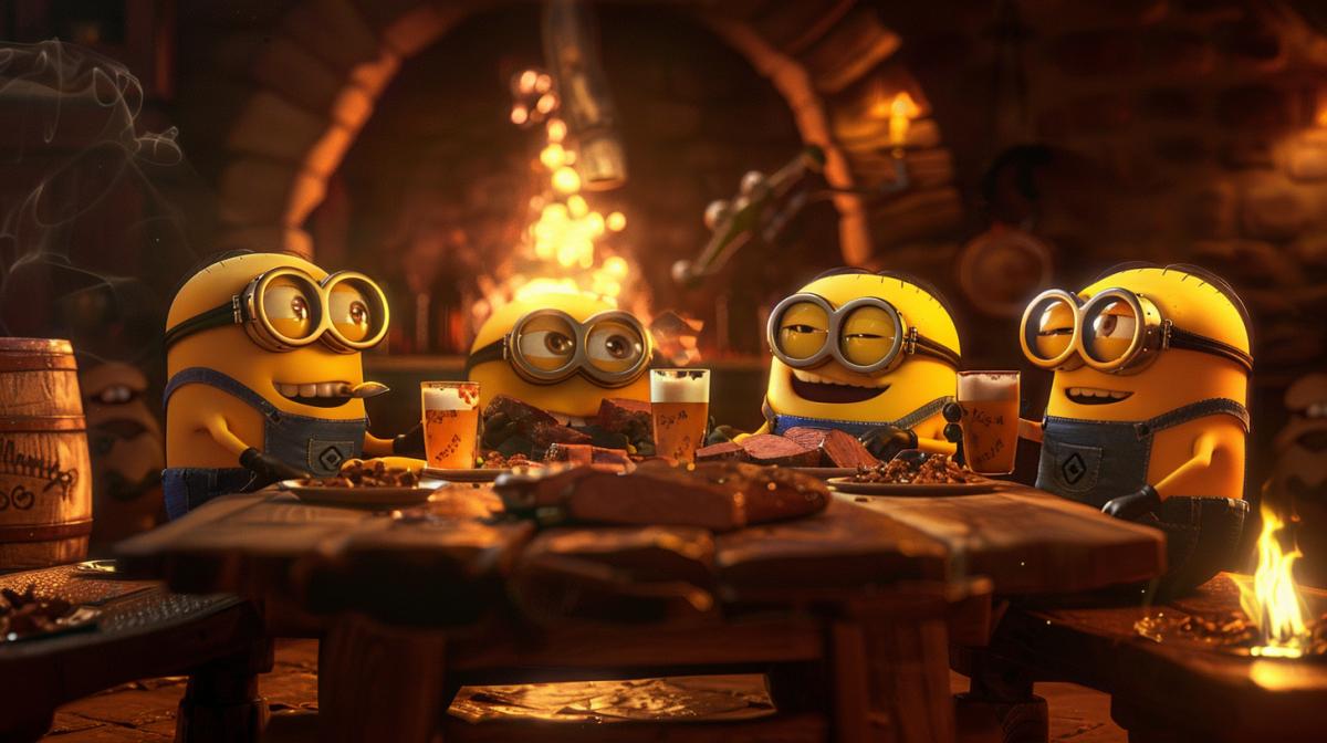 Five Minions (from the film Minions) sit at a large oak table, eat meat and drink beer from large mugs, they are treated to Gorshenov (lead singer of the group \"KiSh\"), in the background there is a fireplace with a spit. Mystic atmosphere, fire reflections, contour lighting, high quality