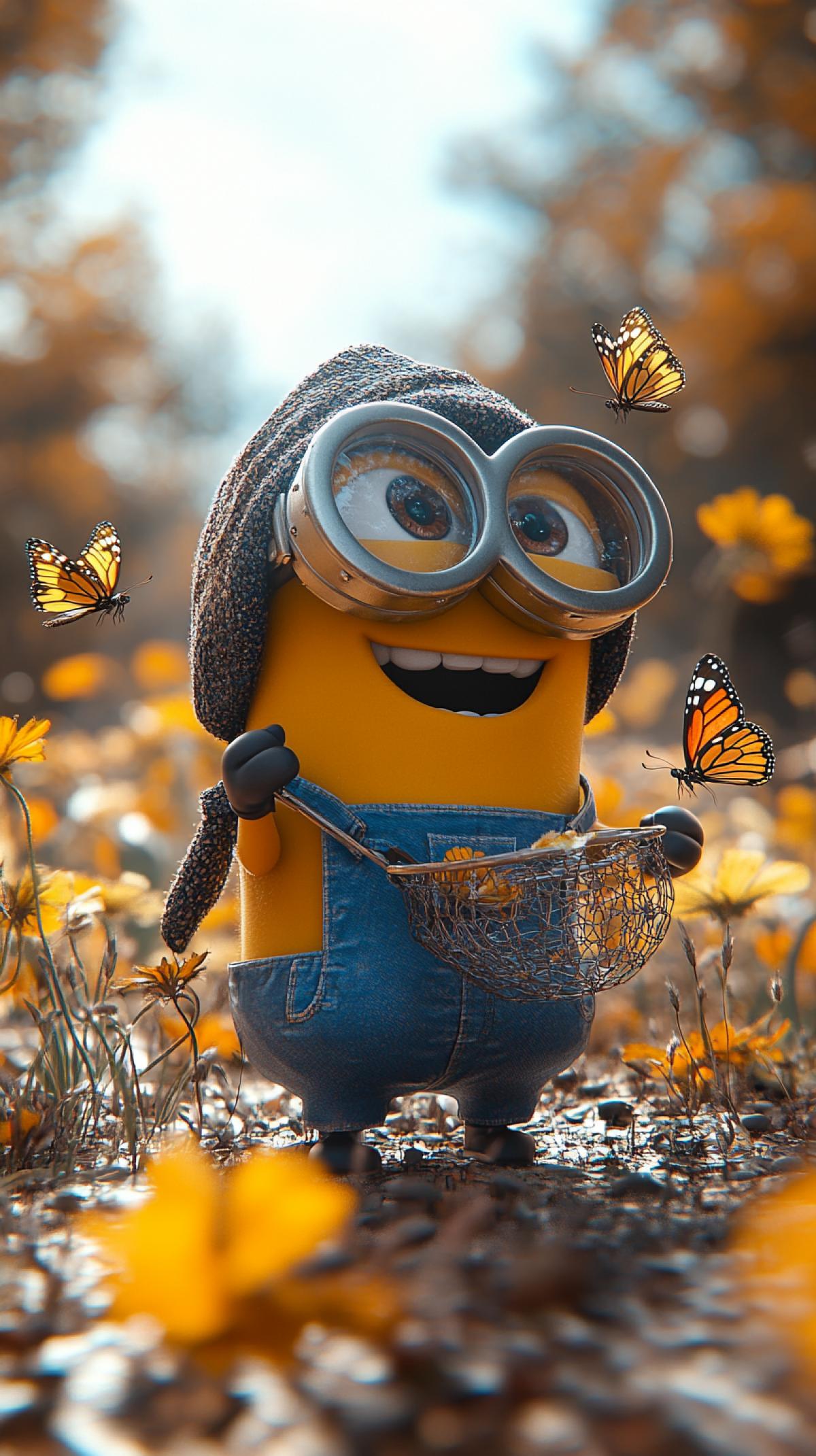 A hot day, a meadow full of beautiful flowers, butterflies, a clear blue sky, a funny minion in blue shorts, glasses and a Panama hat catches butterflies with a net, rejoices