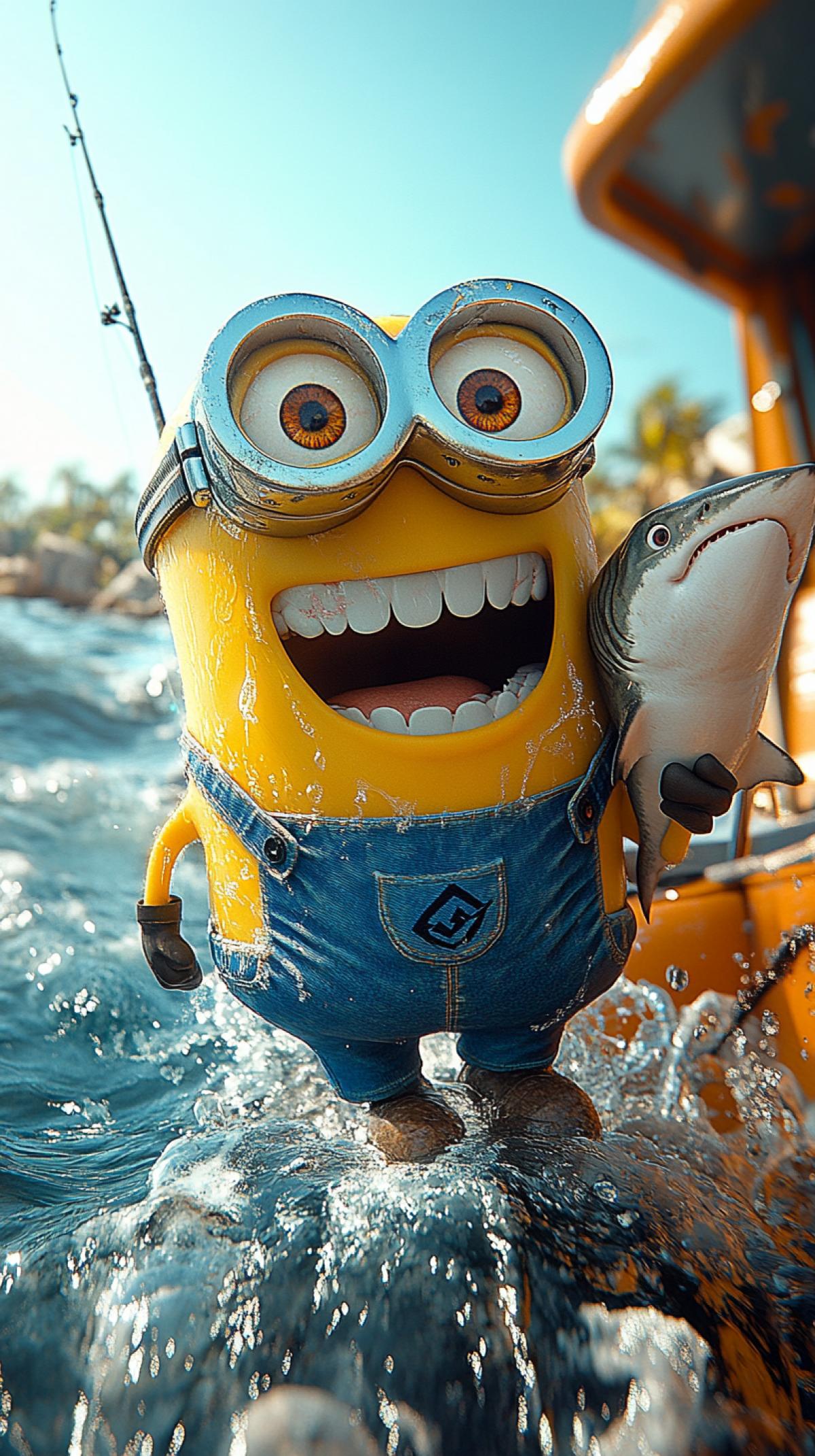 Hot summer day, ocean, a cheerful minion in blue shorts and glasses standing on a boat caught a white shark on a fishing rod and is trying to get it
