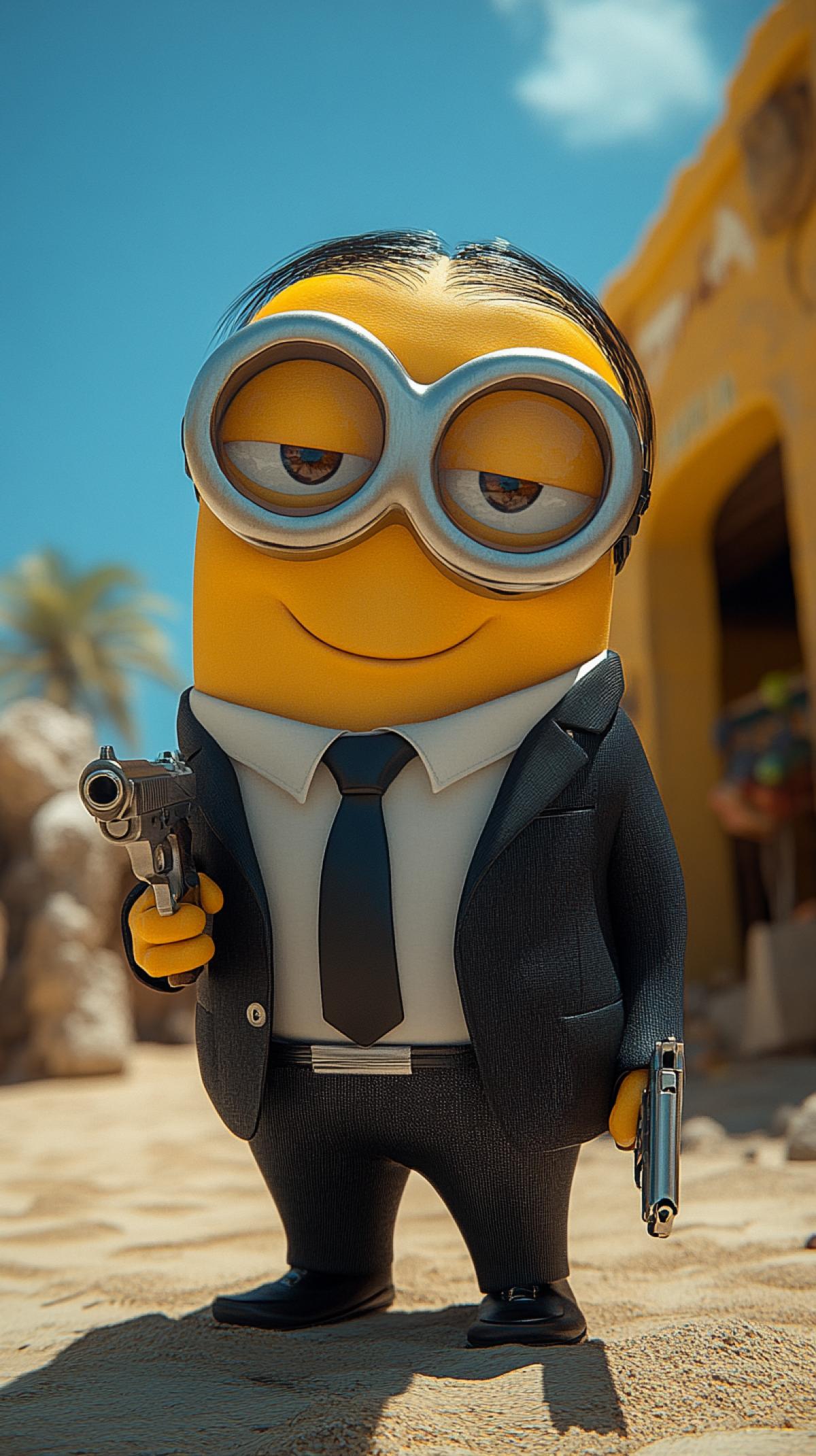 Hot day, blue sky, shore of the Indian Ocean, joyful minion agent 007, in a tuxedo, glasses, with a gun