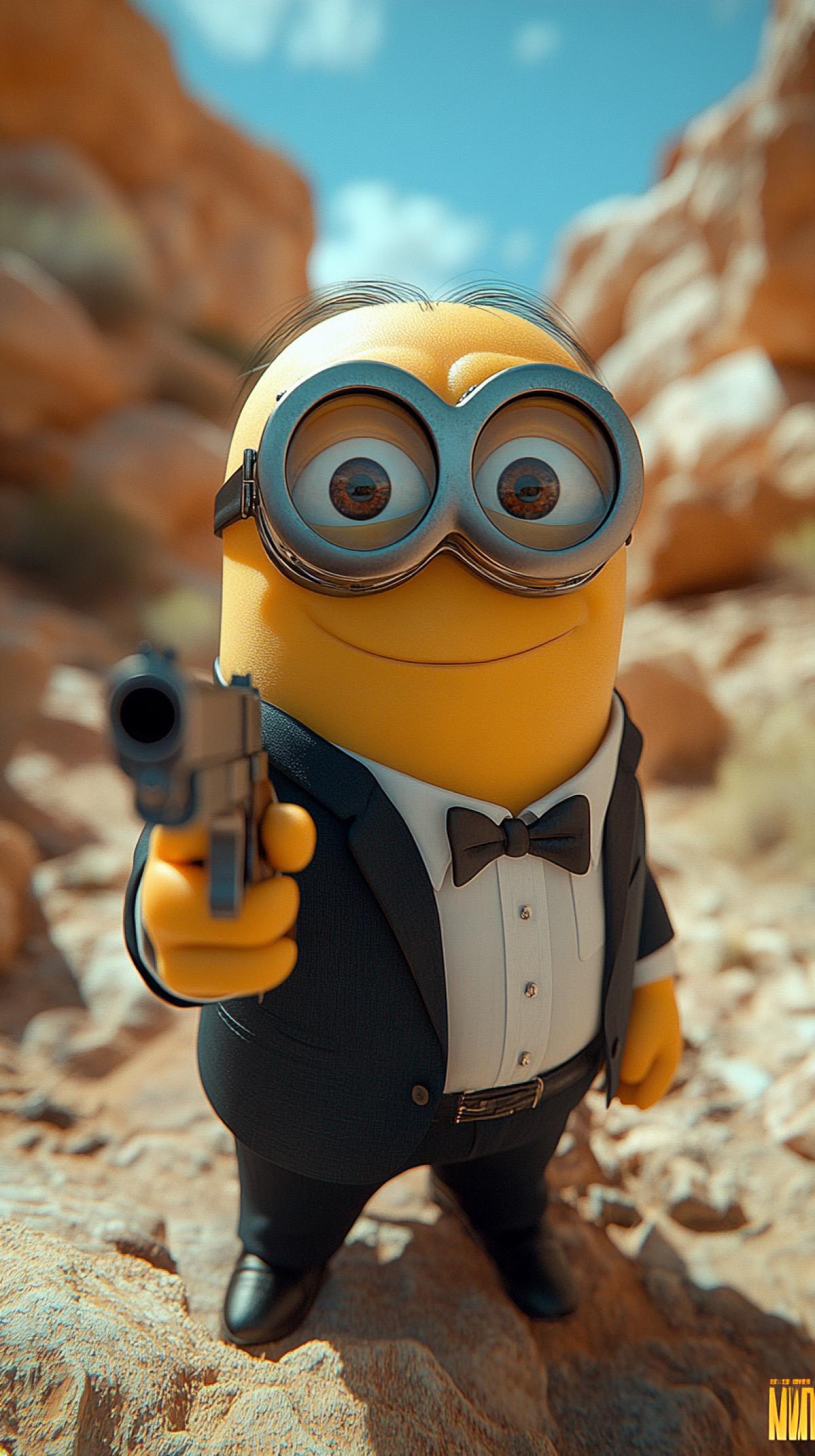 Hot day, blue sky, shore of the Indian Ocean, joyful minion agent 007, in a tuxedo, glasses, with a gun