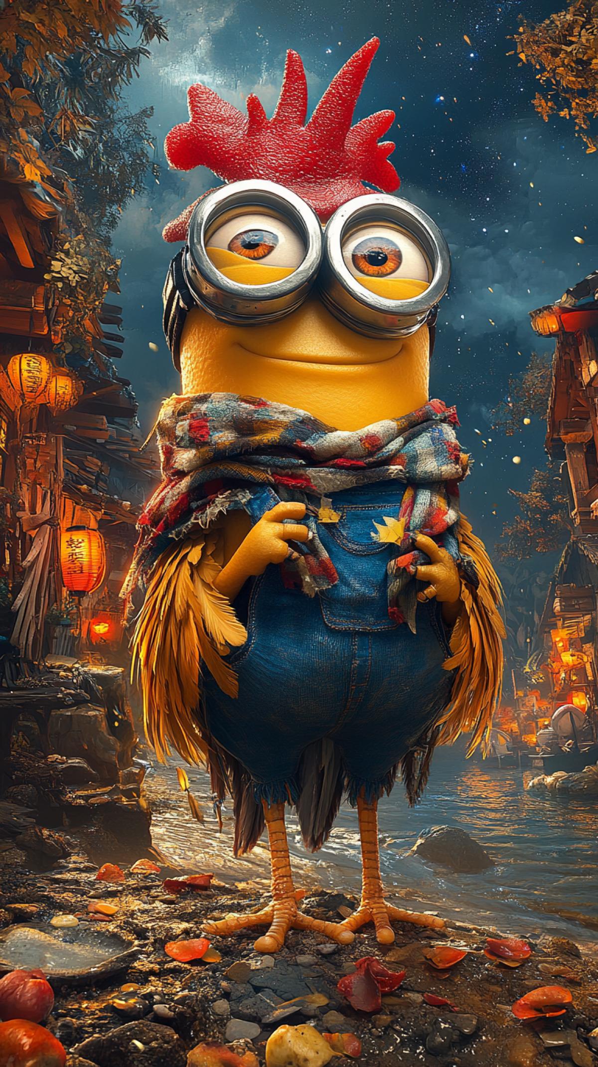 A cheerful Minion riding a rooster gallops along the ocean shore on a starry night.