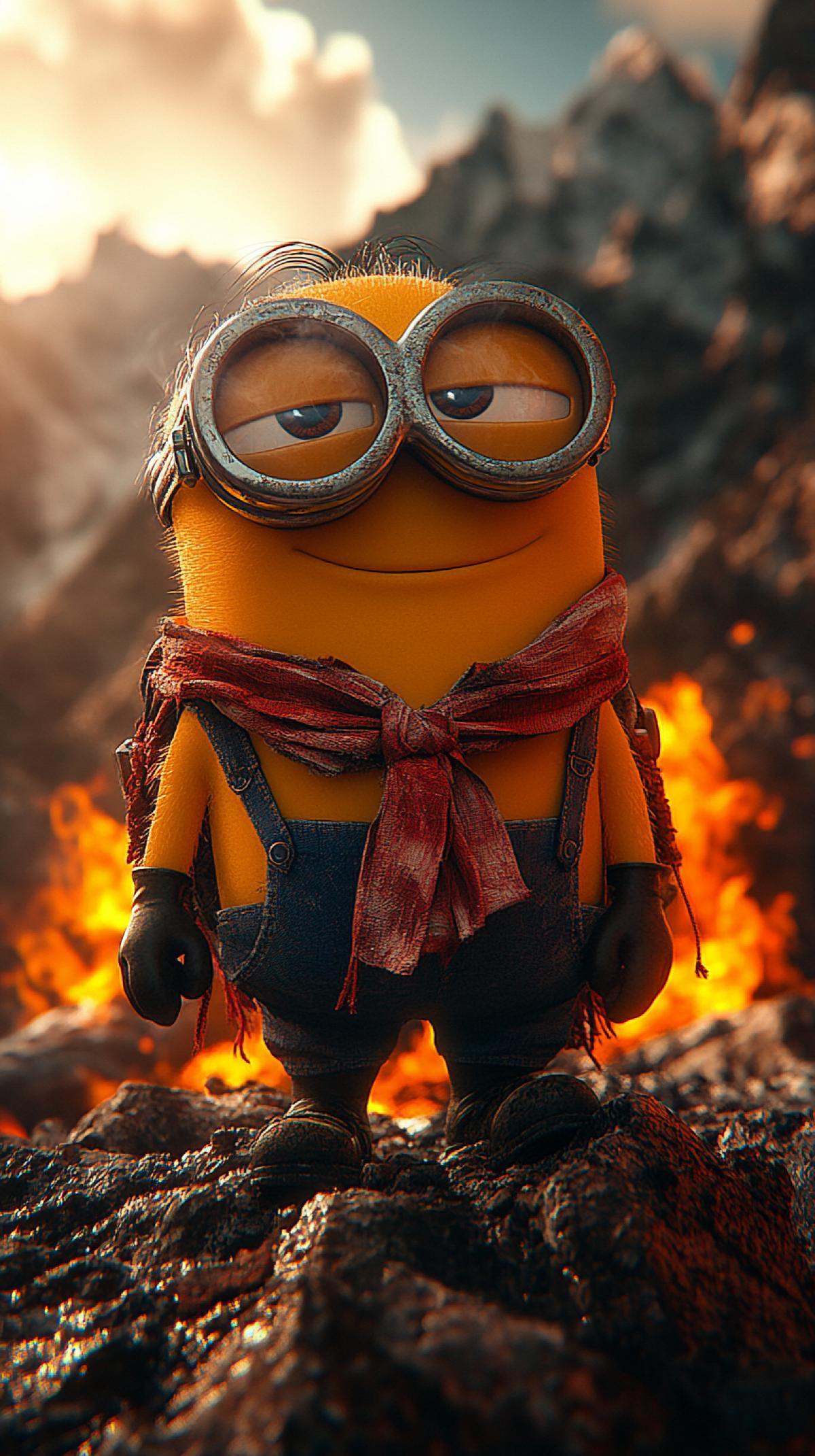 Summit of Everest,. A minion in glasses, shorts and a bow tie around his neck stands on the top of a mountain with a burning fire.