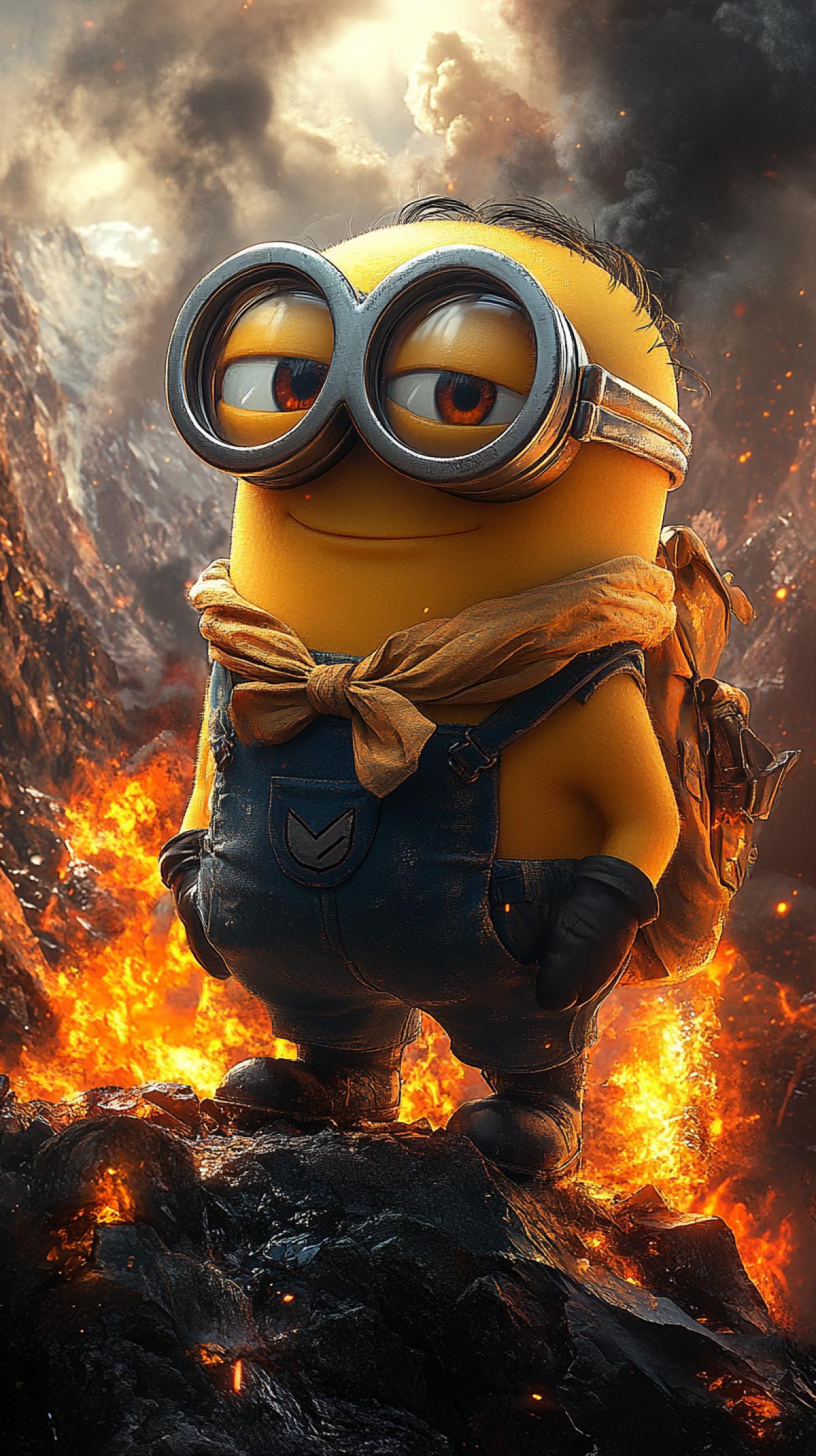 Summit of Everest,. A minion in glasses, shorts and a bow tie around his neck stands on the top of a mountain with a burning fire.