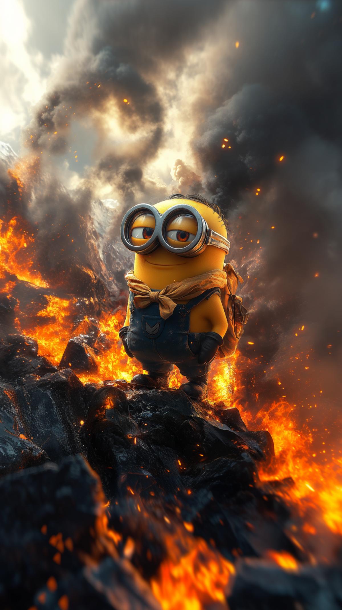 Summit of Everest,. A minion in glasses, shorts and a bow tie around his neck stands on the top of a mountain with a burning fire.