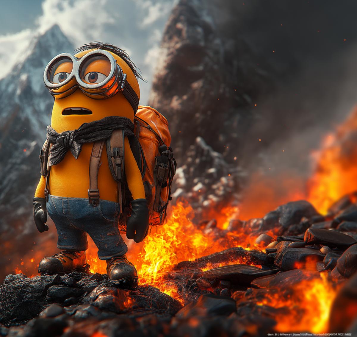 Summit of Everest,. A minion in glasses, shorts and a bow tie around his neck stands on the top of a mountain with a burning fire.