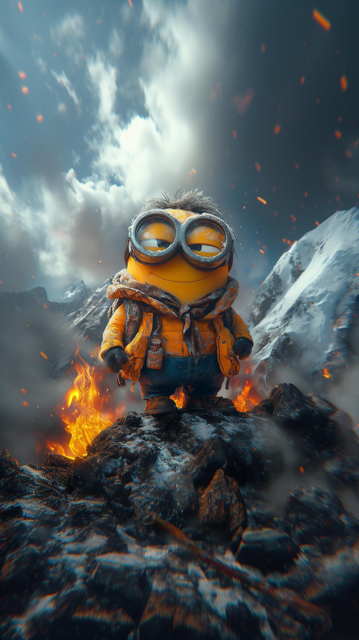 Summit of Everest,. A minion in glasses, shorts and a bow tie around his neck stands on the top of a mountain with a burning fire.
