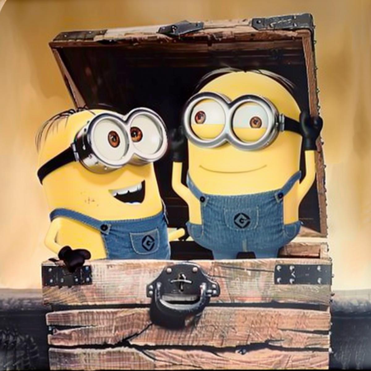 Two minions climb out of a large wooden detailed. They are ready to do any job, and they have the right tools for it.