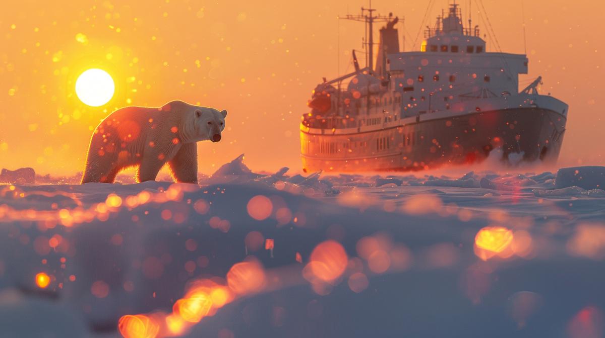 Polar bear against the backdrop of the Arctic icebreaker, rising sun, drifting snow, contour lighting