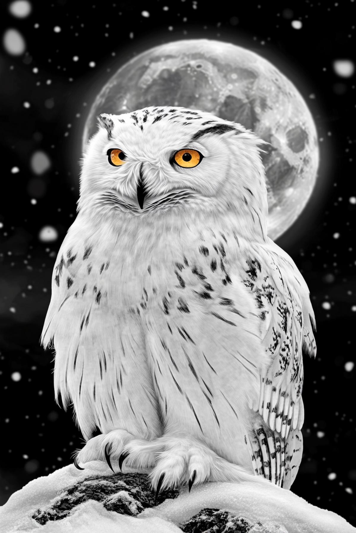 Night, winter tundra, snowy plain, huge moon, beautiful polar owl with yellow eyes, northern lights, monochrome, high contrast, high detail, charcoal drawing
