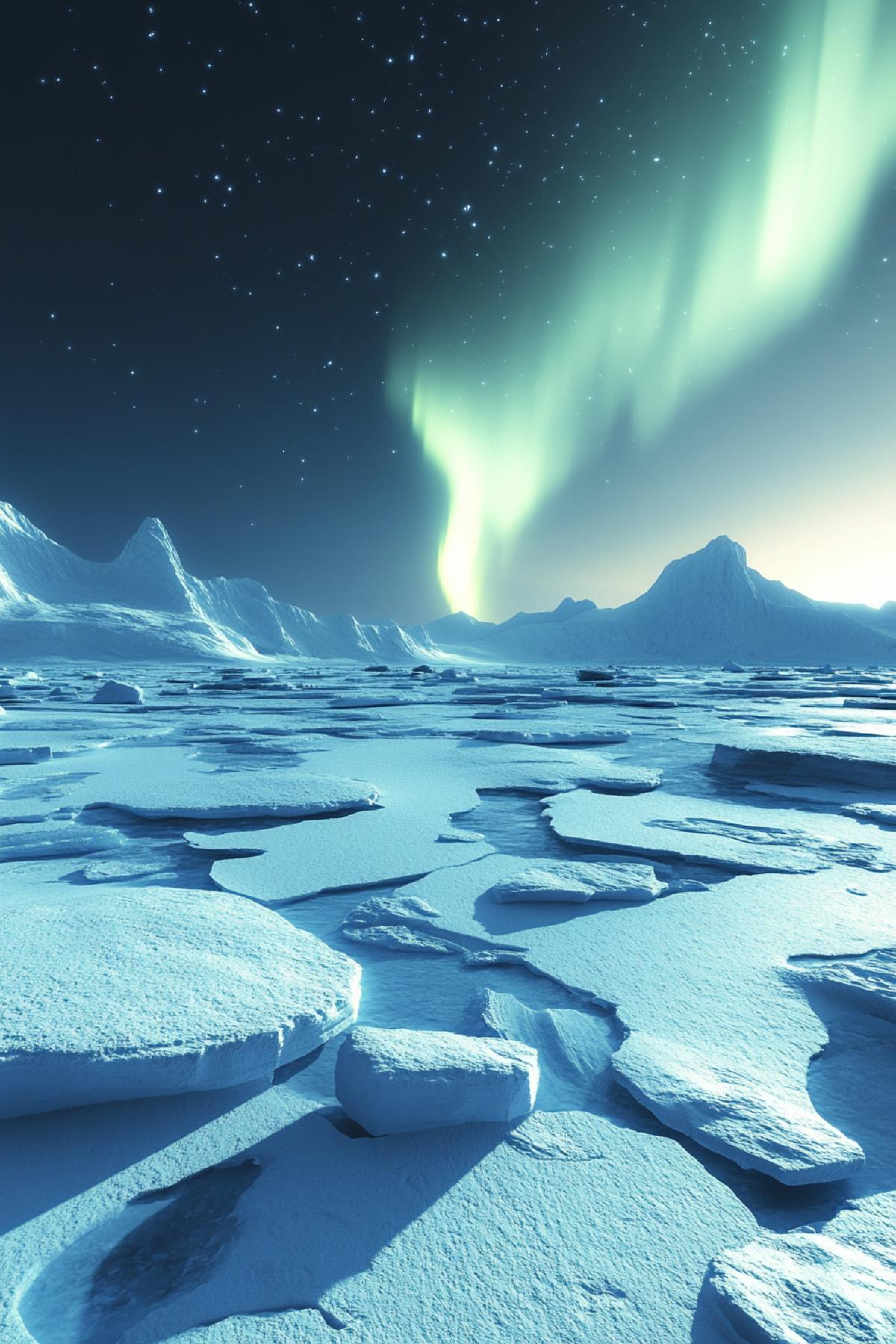 Northern Lights over the Arctic Ocean, Arctic, ice floes on the water, night, incredible beauty, high contrast, high detail.