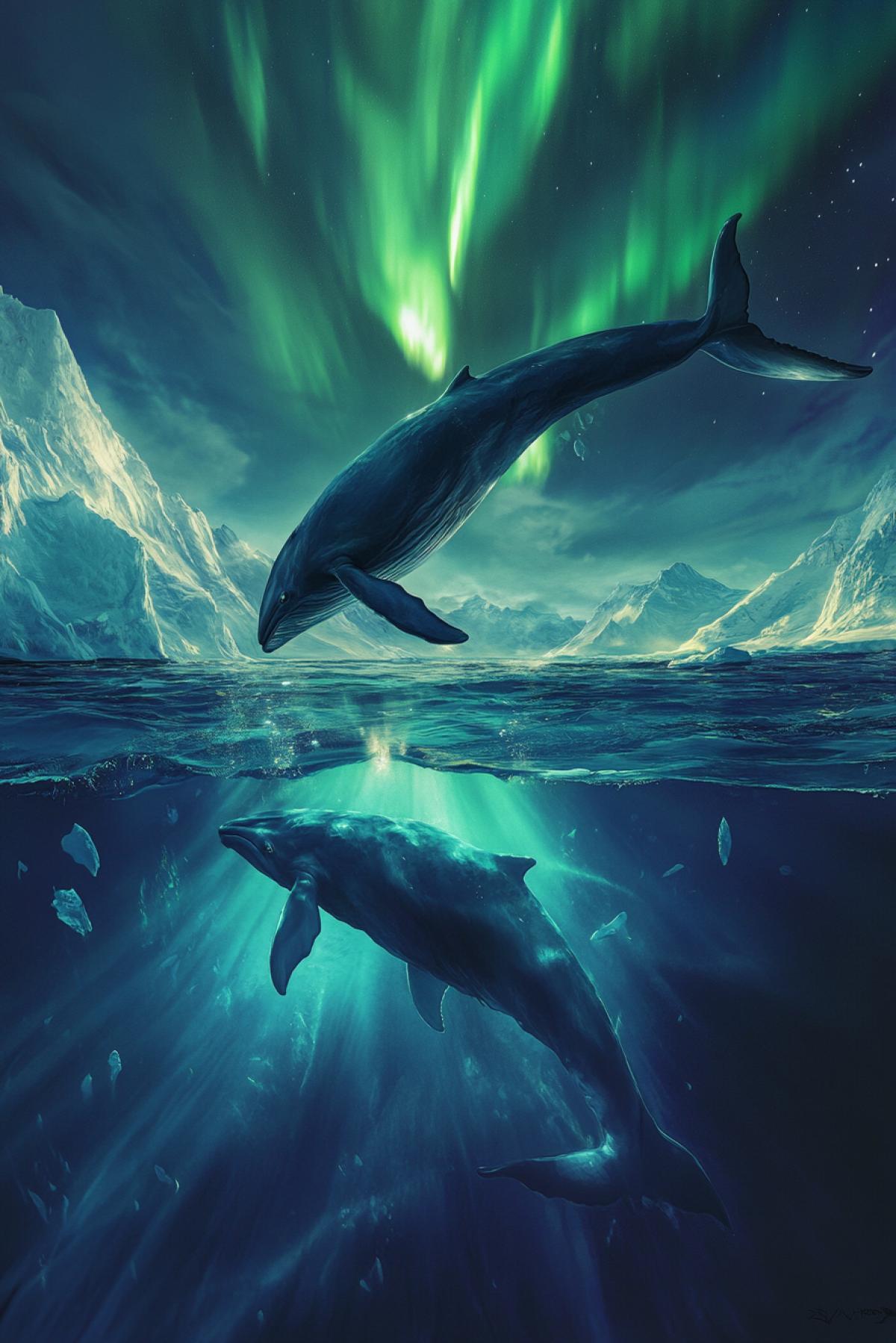 Arctic, northern lights, ocean, views from the water of two large hiter whales swimming nearby, beauty, shine of ice, reflections of the northern lights, hyperrealism