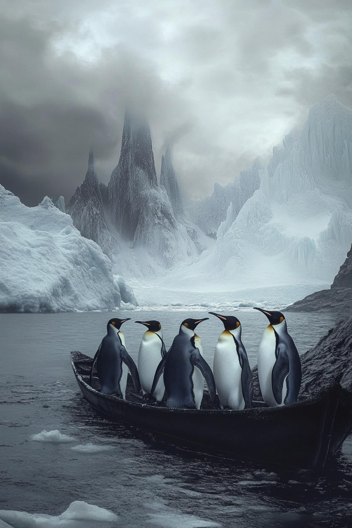 trip to the arctic, Penguins, gothic world, flickering, realistic image, Photoshop