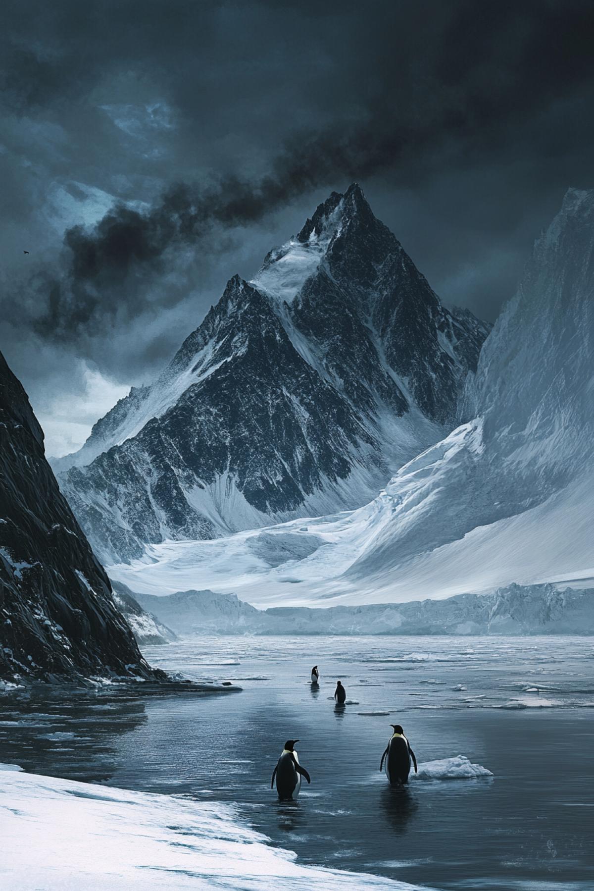 trip to the arctic, Penguins, gothic world, flickering, realistic image, Photoshop