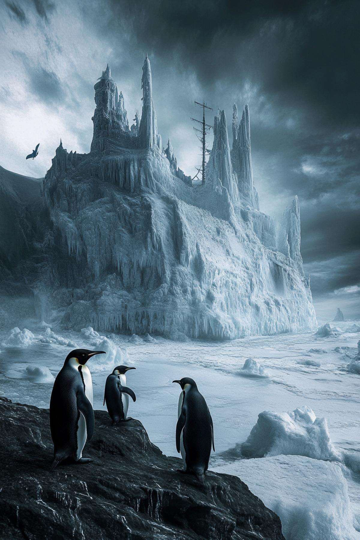 trip to the arctic, Penguins, gothic world, flickering, realistic image, Photoshop