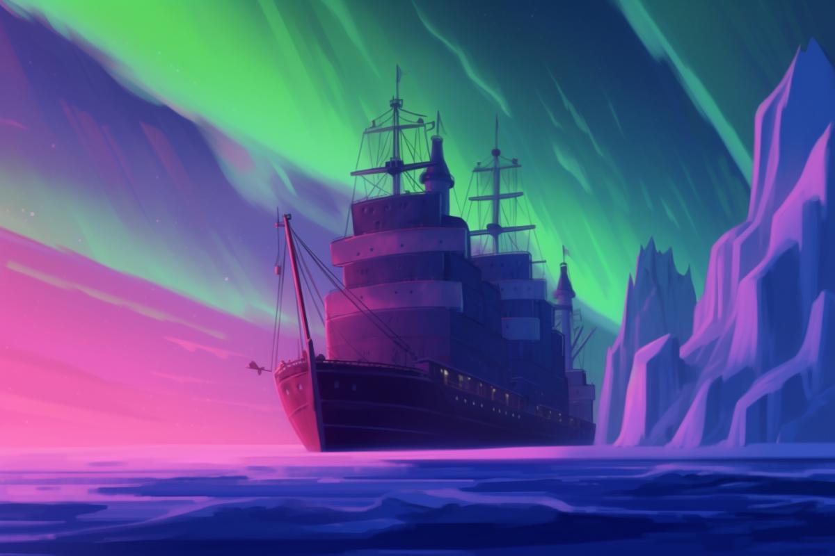 An icebreaker in the Arctic is heading towards an ice castle, magical northern lights in the darkness, the icebreaker is also magical.