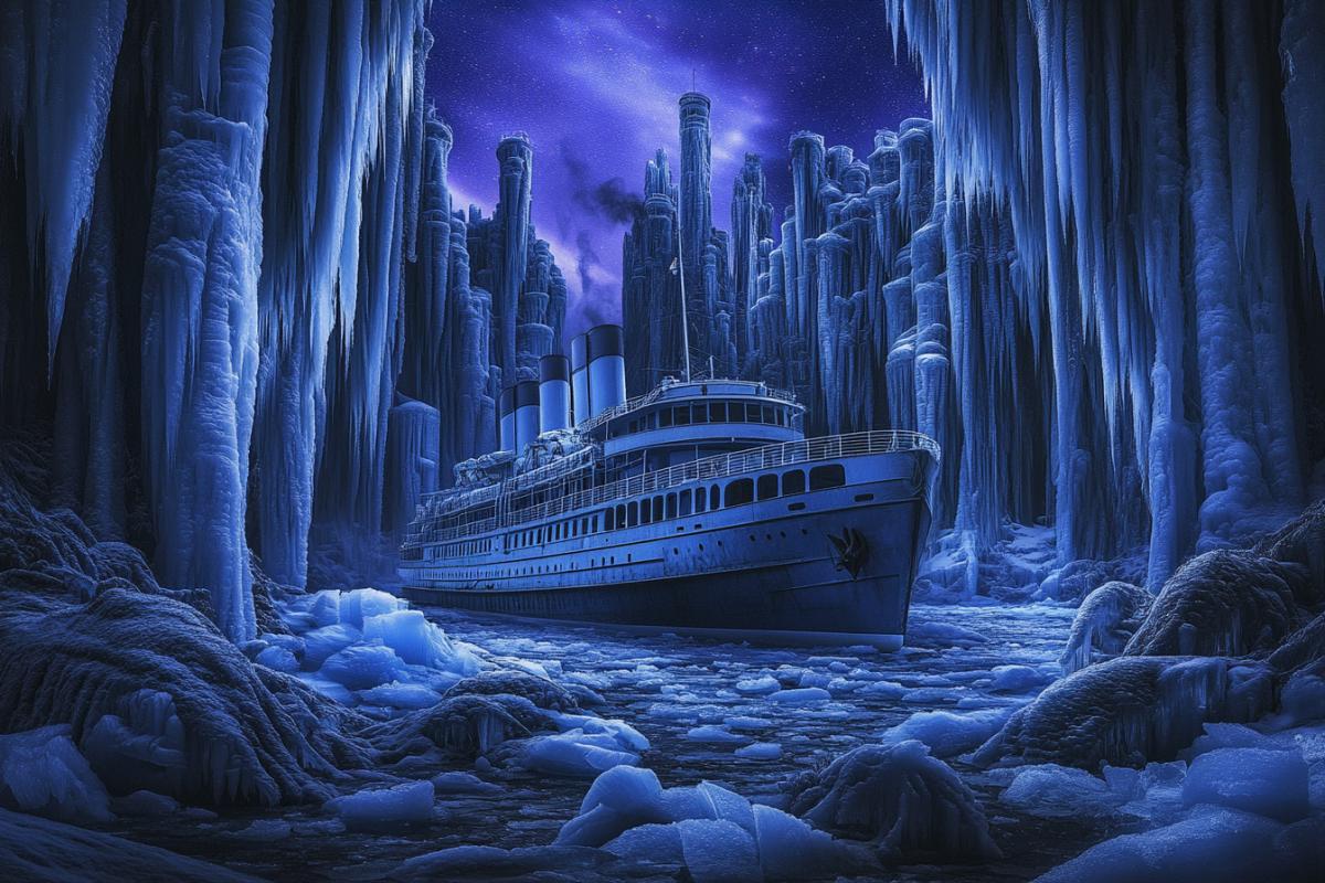 An icebreaker in the Arctic is heading towards an ice castle, magical northern lights in the darkness, the icebreaker is also magical.