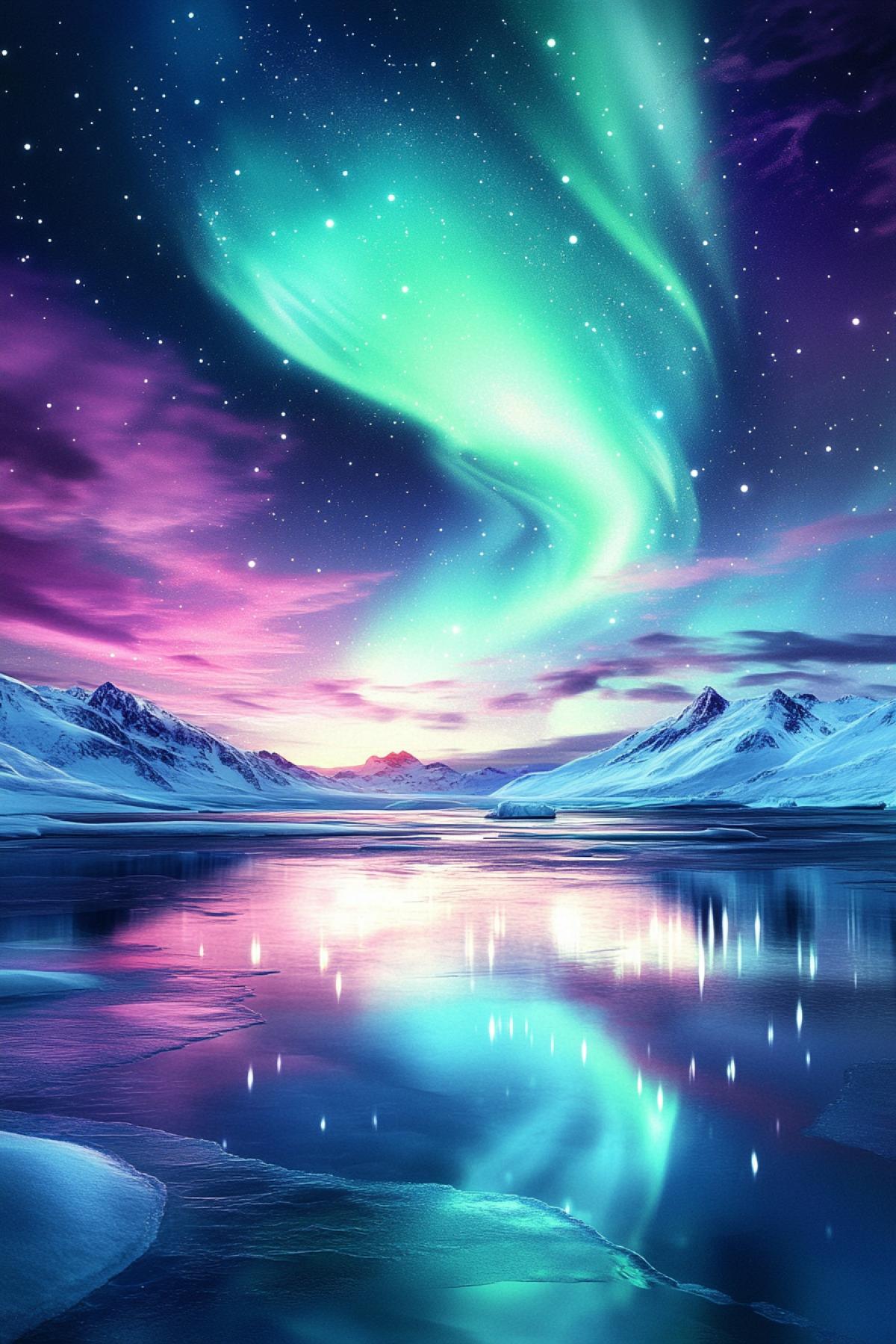 Aurora over the arctic landscape, shimmering green, purple and pink hues in the night sky, bright stars, cold glow, snow and ice around are illuminated with a mystical light, reflections of the aurora on the surface of a frozen lake, peace and quiet, polar bears or reindeer in the background , adding liveliness to the scene, a sense of magic and natural power.