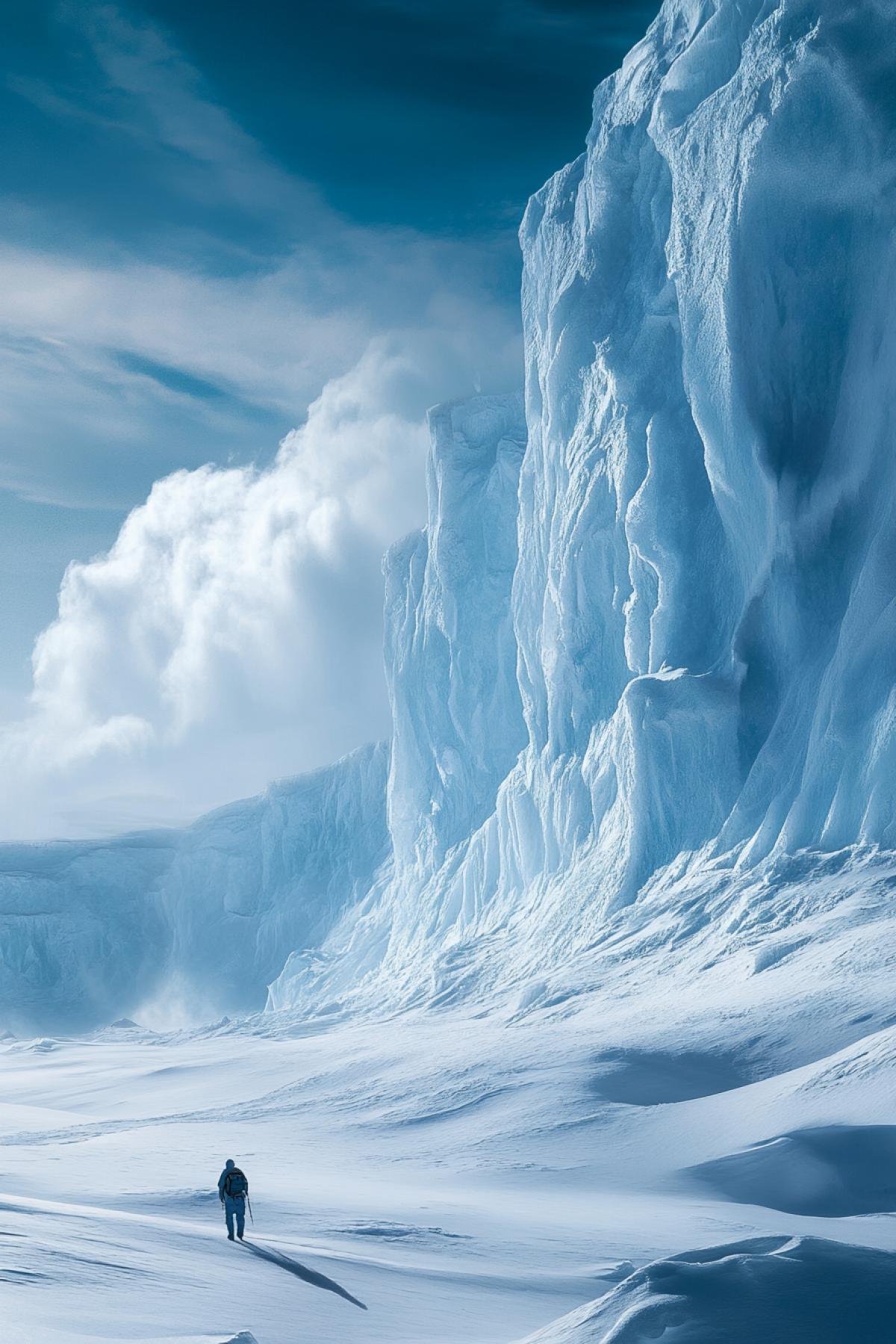 Harsh arctic landscape, endless ice and snow, bright blue-white light, midday sun low on the horizon, long shadows, ice cliffs and icebergs, textures of snow and ice, cold wind raising snow dust, a lonely polar explorer in warm clothes against the backdrop of an icy desert , you feel cold and loneliness, endless spaces, crystal clear air.