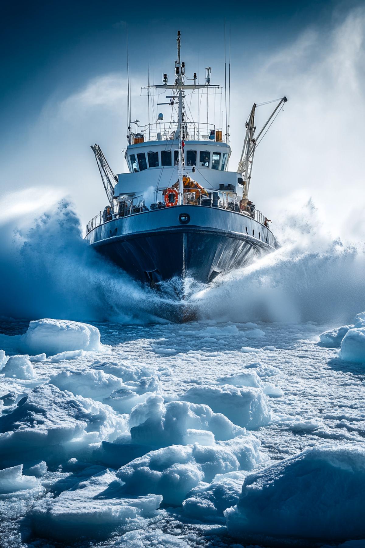 Arctic research vessel breaking through the ice, massive icebergs around, cool shades of blue and white, bright sunlight from a low angle, water spray and ice blocks around the ship, strong winds, waves on frozen water, crew in warm gear watching from the deck, in the background – a harsh, wild landscape, tension and grandeur of nature, the spirit of adventure is felt.