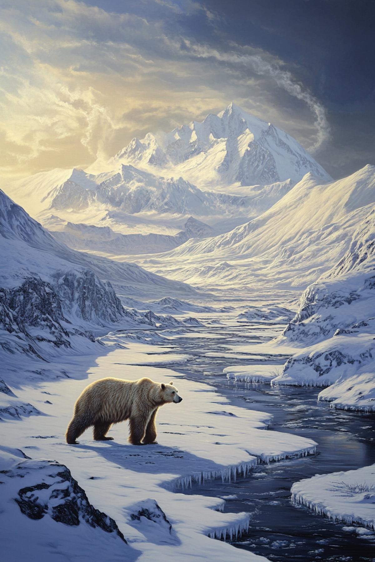 Polar bear on the hunt, arctic tundra, the morning sun gilds the snowy peaks, long shadows, sharp ice formations, a frozen river or lake, a bear looks out for prey, a powerful and majestic animal in its natural environment, a cold wind drives snow whirlwinds, a sense of primordial strength and independence, depth of scene with distant mountains on the horizon.