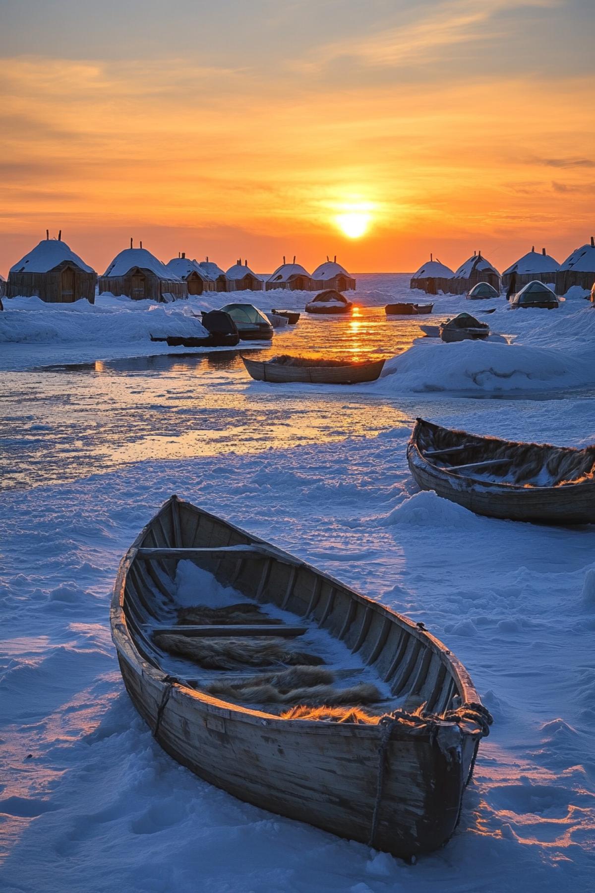 Arctic Inuit village on the shore of the frozen sea, igloos made of snow and ice, wooden boats with fur blankets, smoke from chimneys, evening twilight, flickering light inside the dwellings, golden-blue hue of the scene, husky dogs resting nearby, warm fur clothes of local residents, walrus or a whale bone in the center of the village, an icy shore and frozen waves, a feeling of comfort and tradition in harsh conditions.