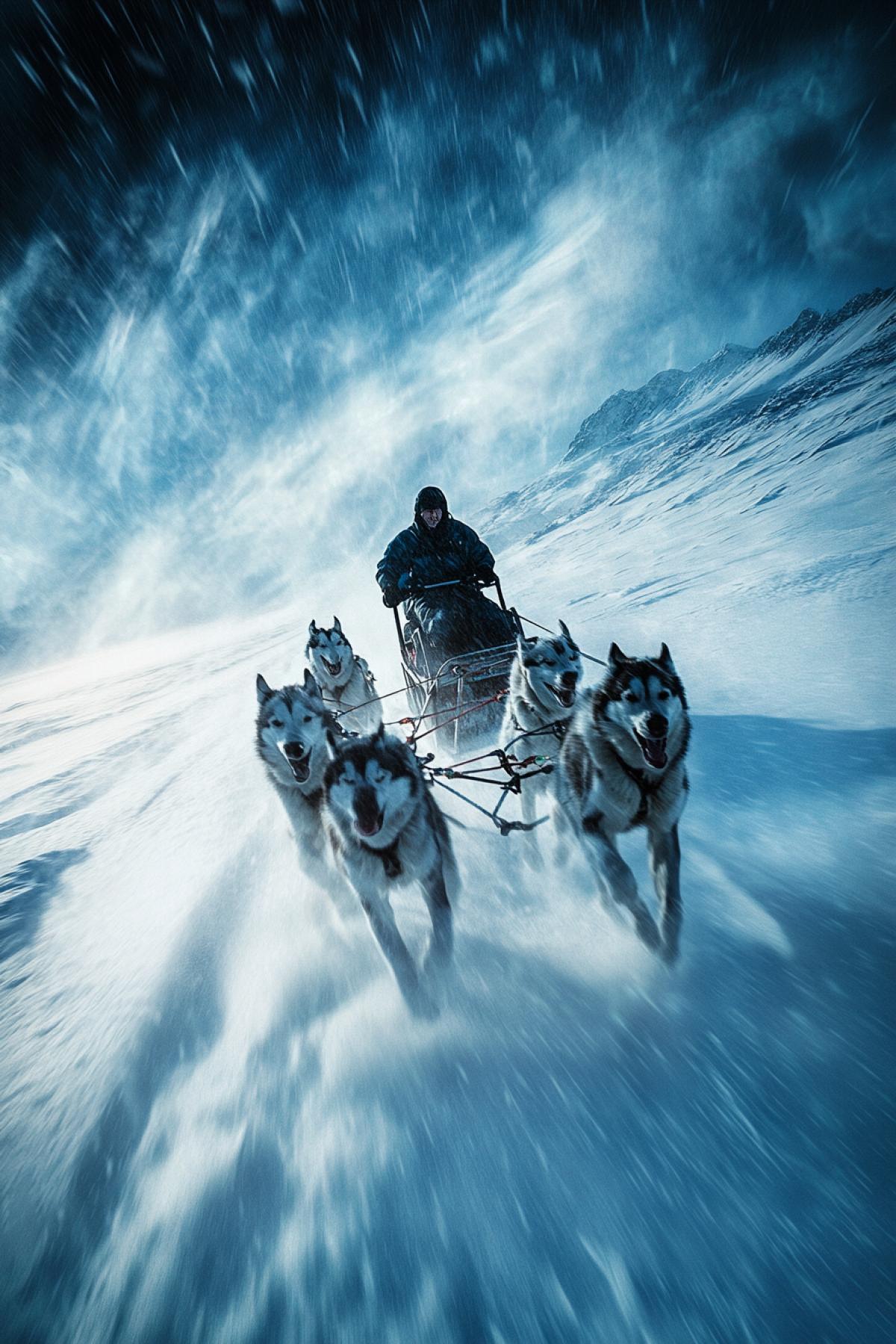 Dog sled expedition through the arctic wasteland, strong winds whip up swirls of snow, rich blue and white hues, sled races through fresh snow, dogs in motion, focused on the task, mushers in warm suits with hoods, dynamics and energy in every movement, distant snowy mountains on the horizon, a feeling of speed, freedom and unity with nature, endless arctic tundra.