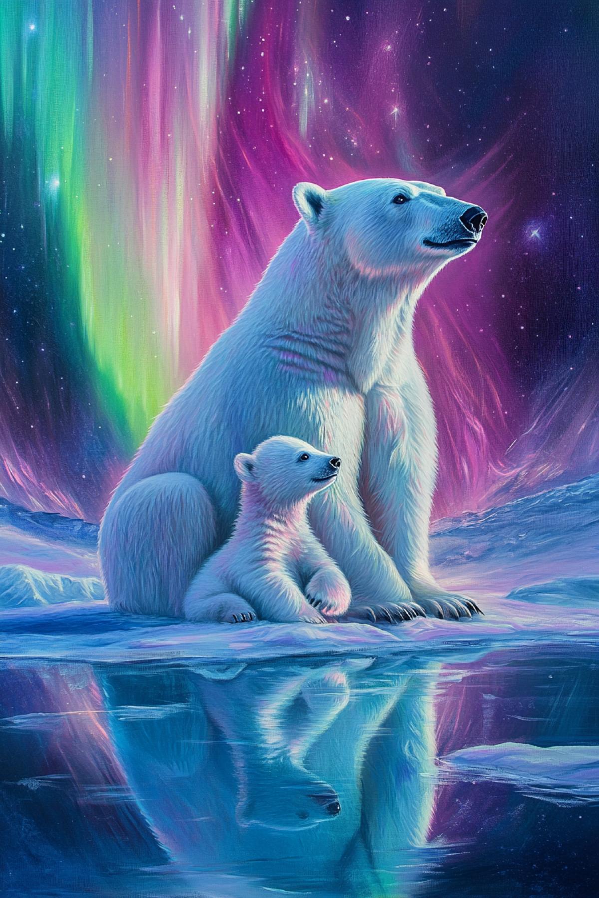 Arctic, northern lights, pink purple green, a polar bear with a small white bear cub sits on blue snow, beauty, glitter of ice, reflections of the northern lights, hyperrealism, neon