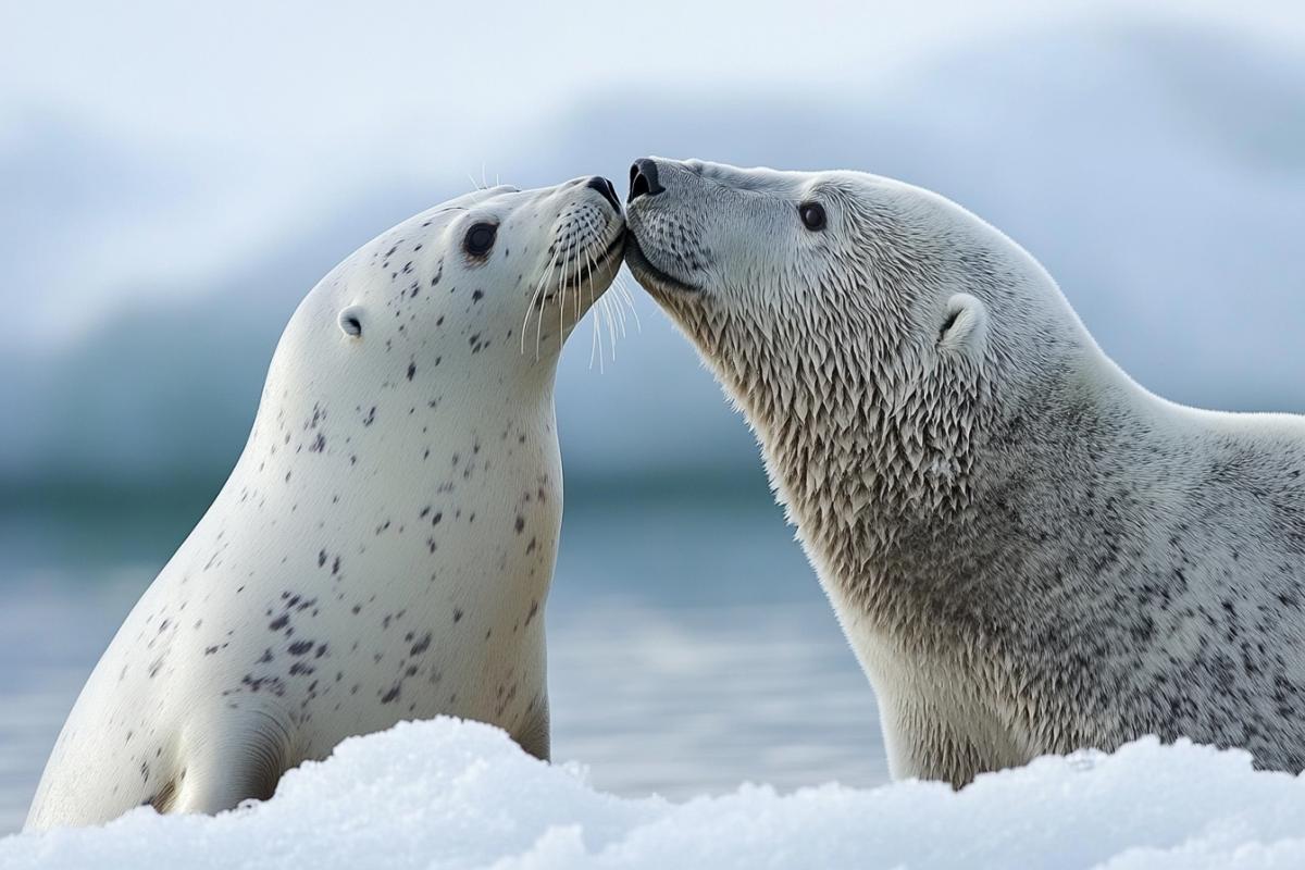A seal kisses a polar bear on an ice floe in the Arctic