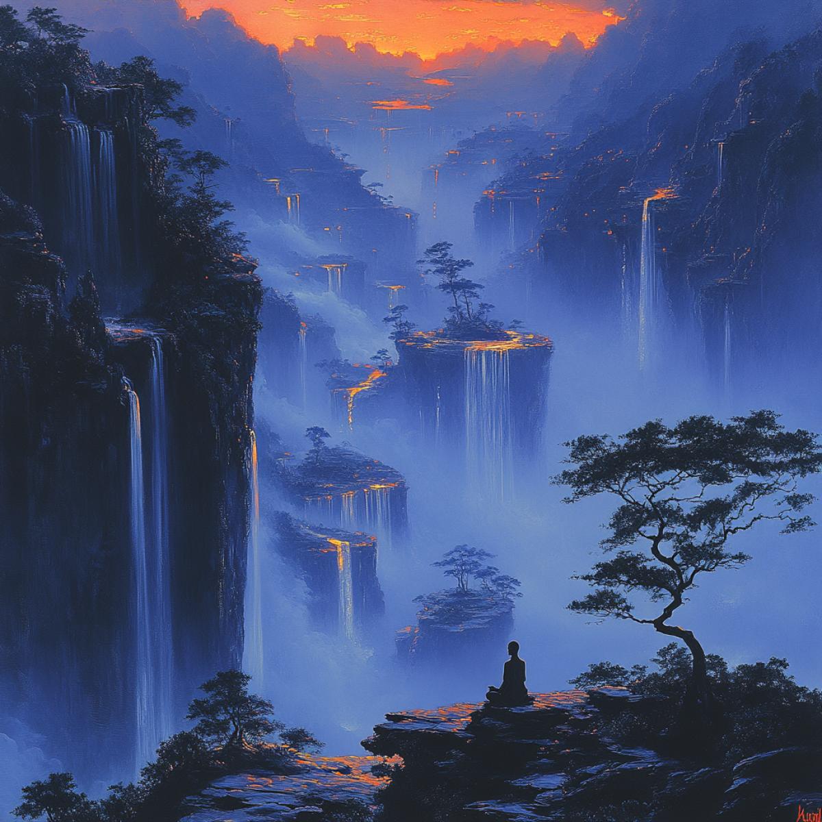 Surreal landscape, floating islands, waterfalls cascading into the clouds, bonsai trees, meditating figures silhouetted against the vibrant sky, dreamlike and otherworldly