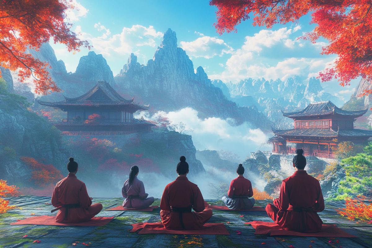 Po teaching inner peace and mindfulness to the Furious Five in a hidden mountaintop dojo, vibrant colors, traditional Chinese architecture, feeling of wisdom and tranquility