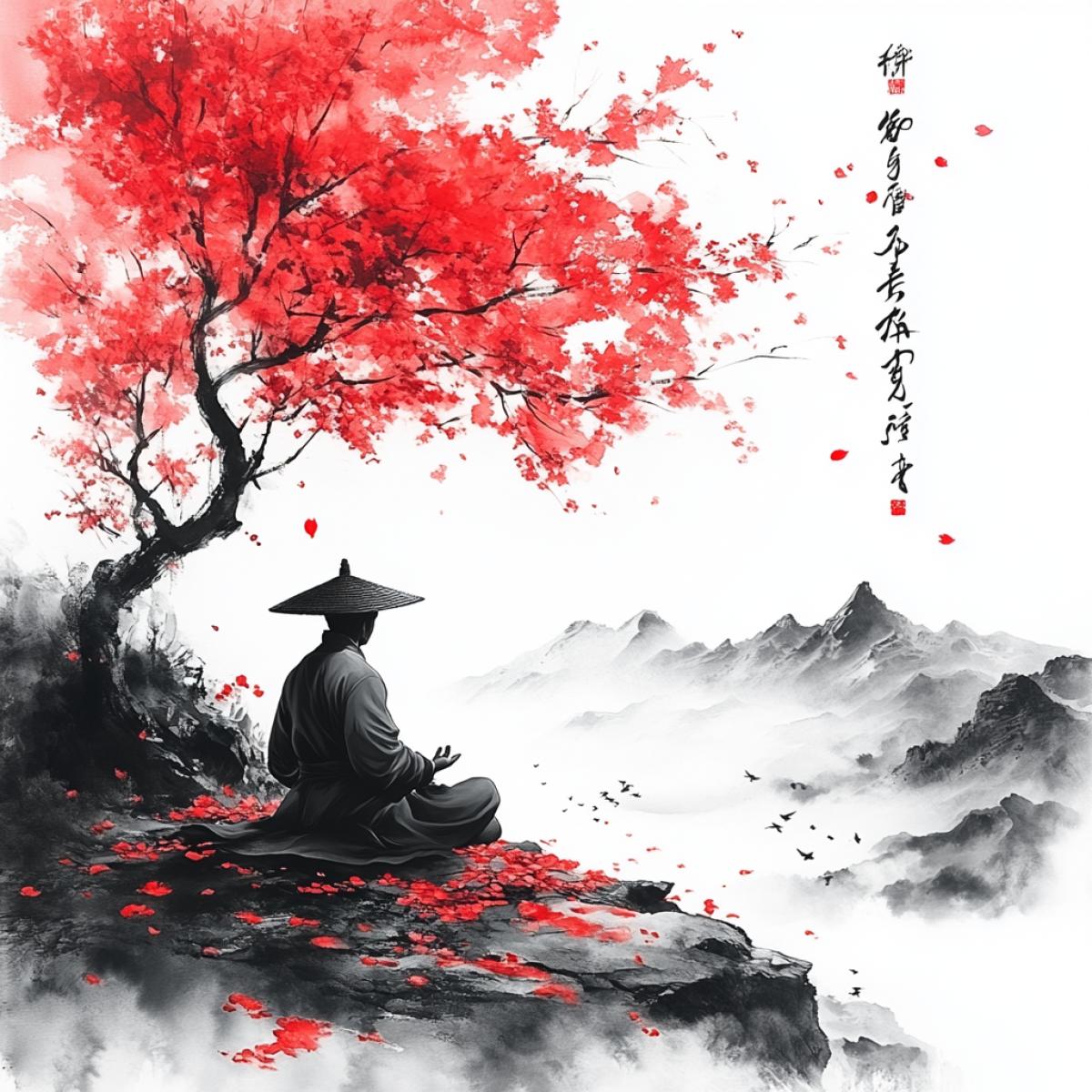 Master Shifu from Kung Fu Panda animated movie observing Po meditating under a cherry blossom tree, serene atmosphere, traditional Chinese ink painting style, wisdom and tranquility
