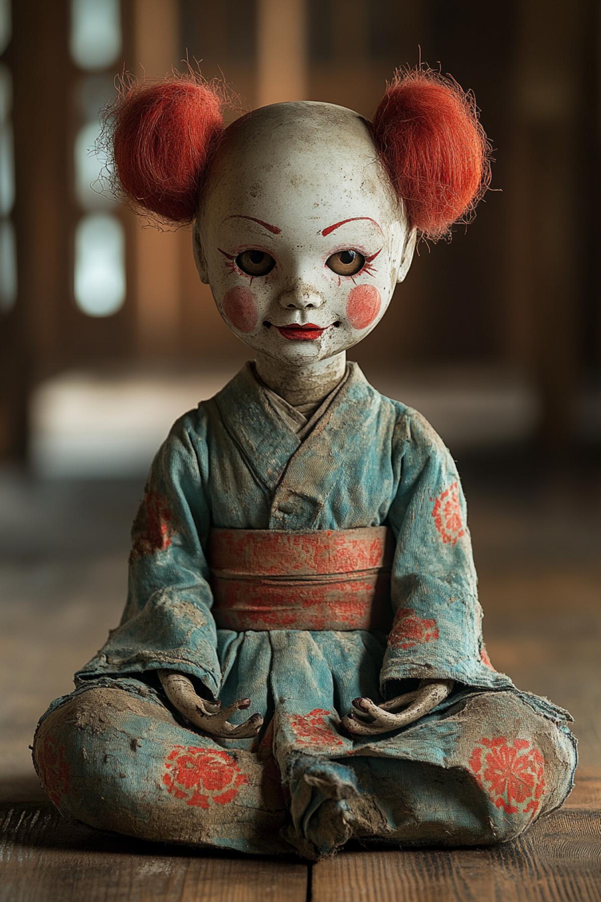A creepy, antique Japanese doll sitting in a meditative 4k, cracked porcelain face, vacant eyes, unsettling smile, feeling of unease and dread, horror movie aesthetic