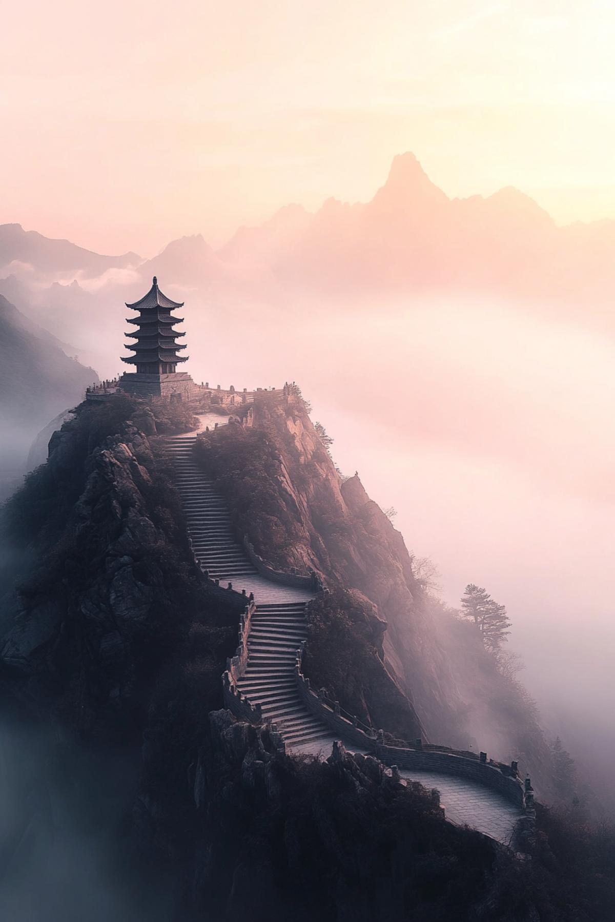 1️⃣ Mountain peak, foggy morning, stone pagoda, soft dawn light, warm pastel colors, clouds flowing smoothly down, crystal clear air, harmony with nature, long perspective, smooth lines of the landscape, feeling of serenity, light wind, thin clouds, zen garden on the background.