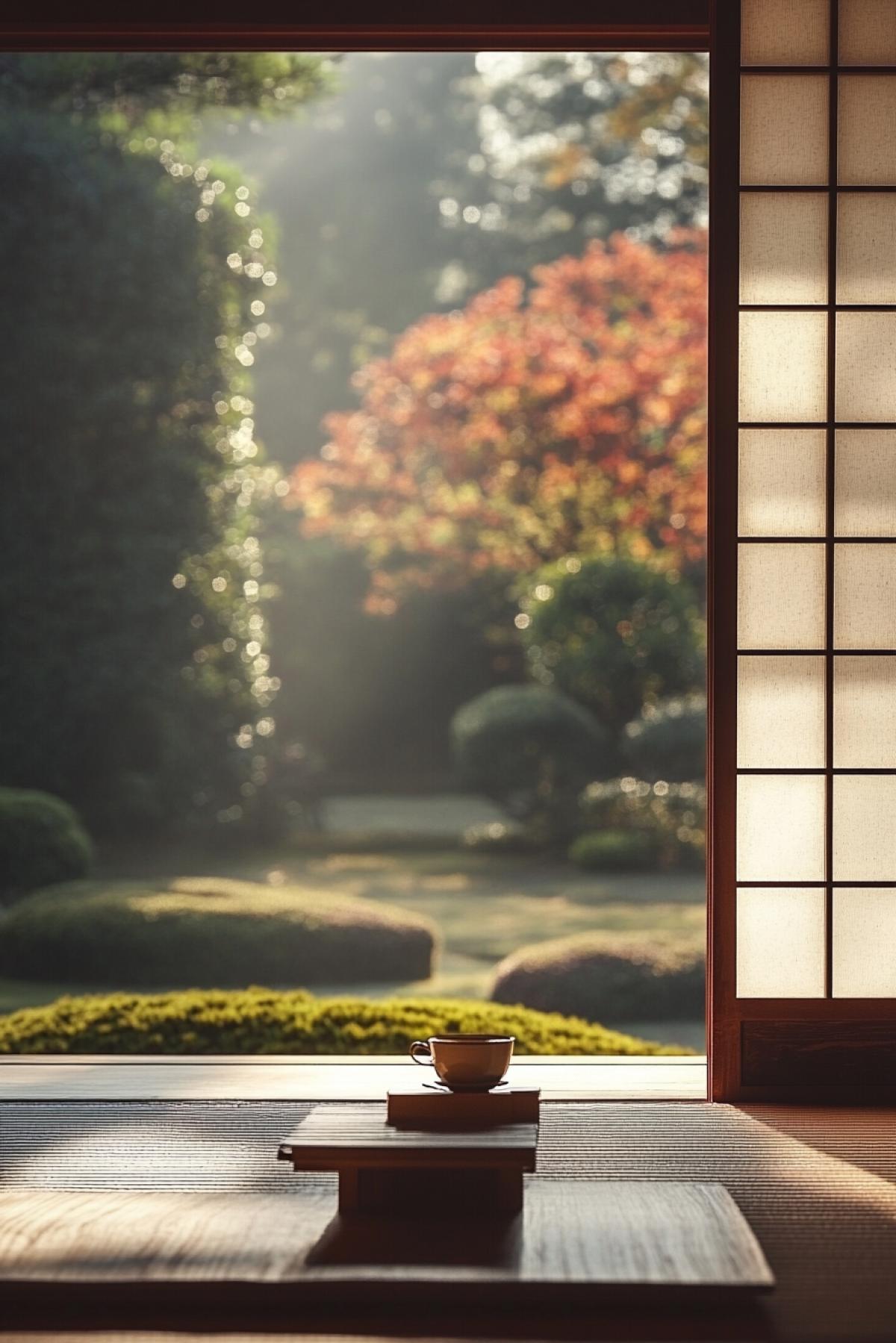 Traditional Japanese style room, tatami floor, open paper door, view of a well-kept garden, tea table with a cup of tea, a thin ray of light falling on wooden panels, minimalism in details, calm and order, soft natural colors, peace.