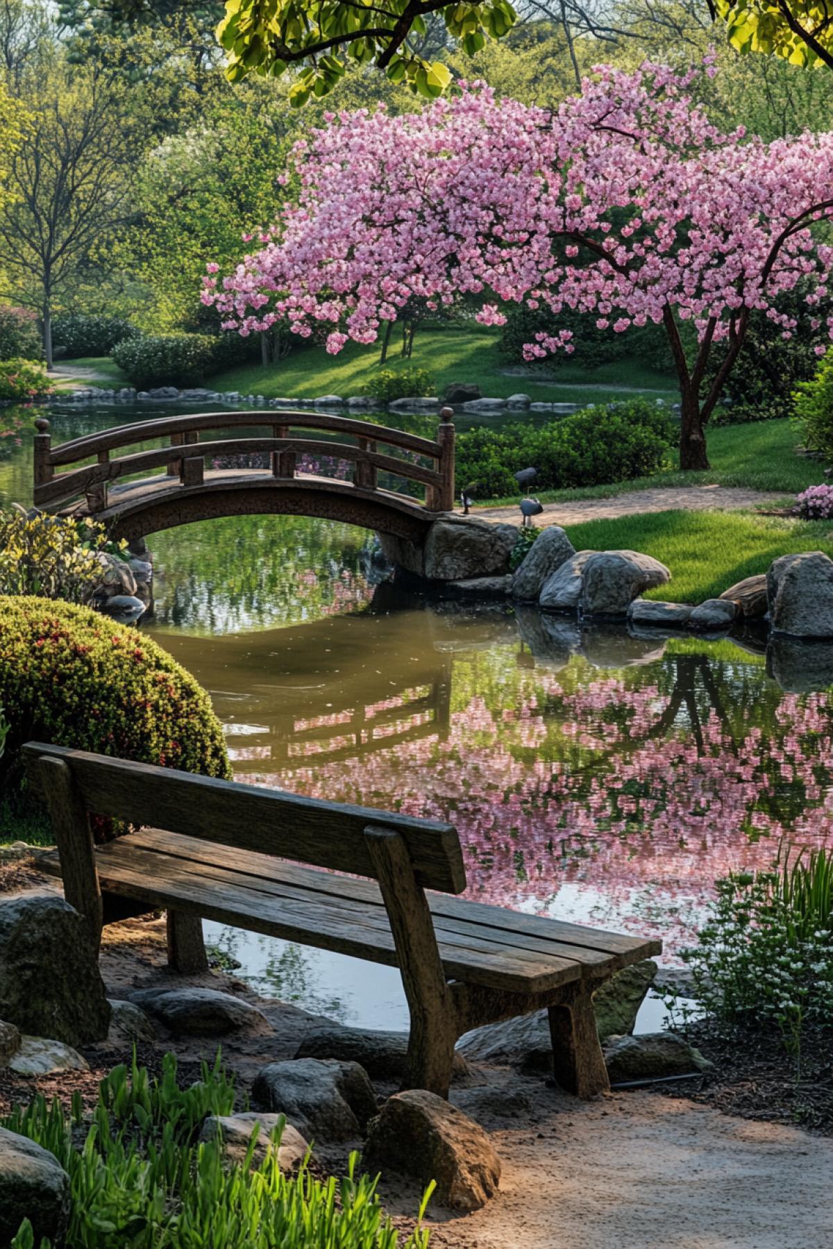 Japanese garden, miniature pond, smooth waves on the water, stone bridges, sakura in full bloom, morning sun, play of shadows and light, wooden bench, feeling of silence and privacy, focus on the reflection of the sky in the water, balance of nature, soft shades of pink and green .