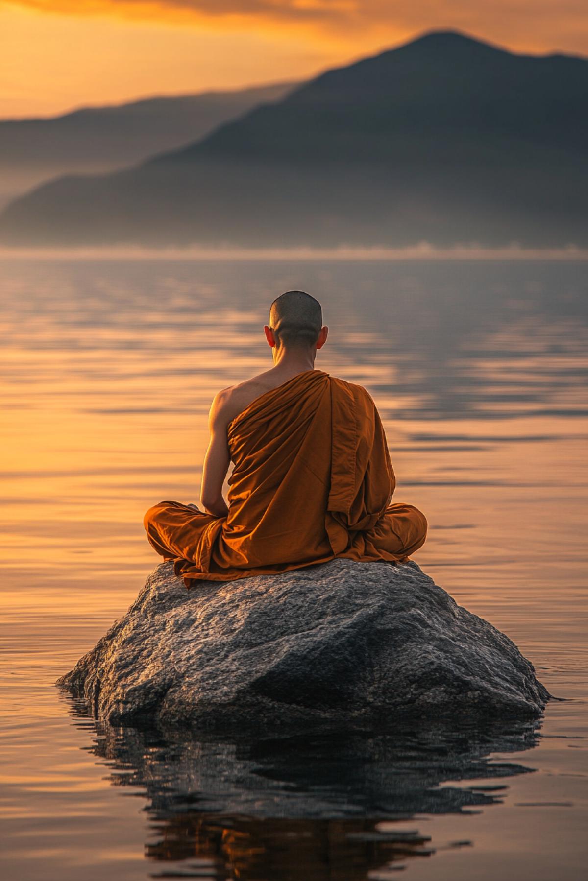 Rock by the sea, calm waves, golden hour, solitary Buddhist monk, meditation, face in shadow, back to viewer, warm golden-orange light, sense of eternity, deep horizon perspective, framed by mountain ranges, still surface of water, symmetry between sea and sky .