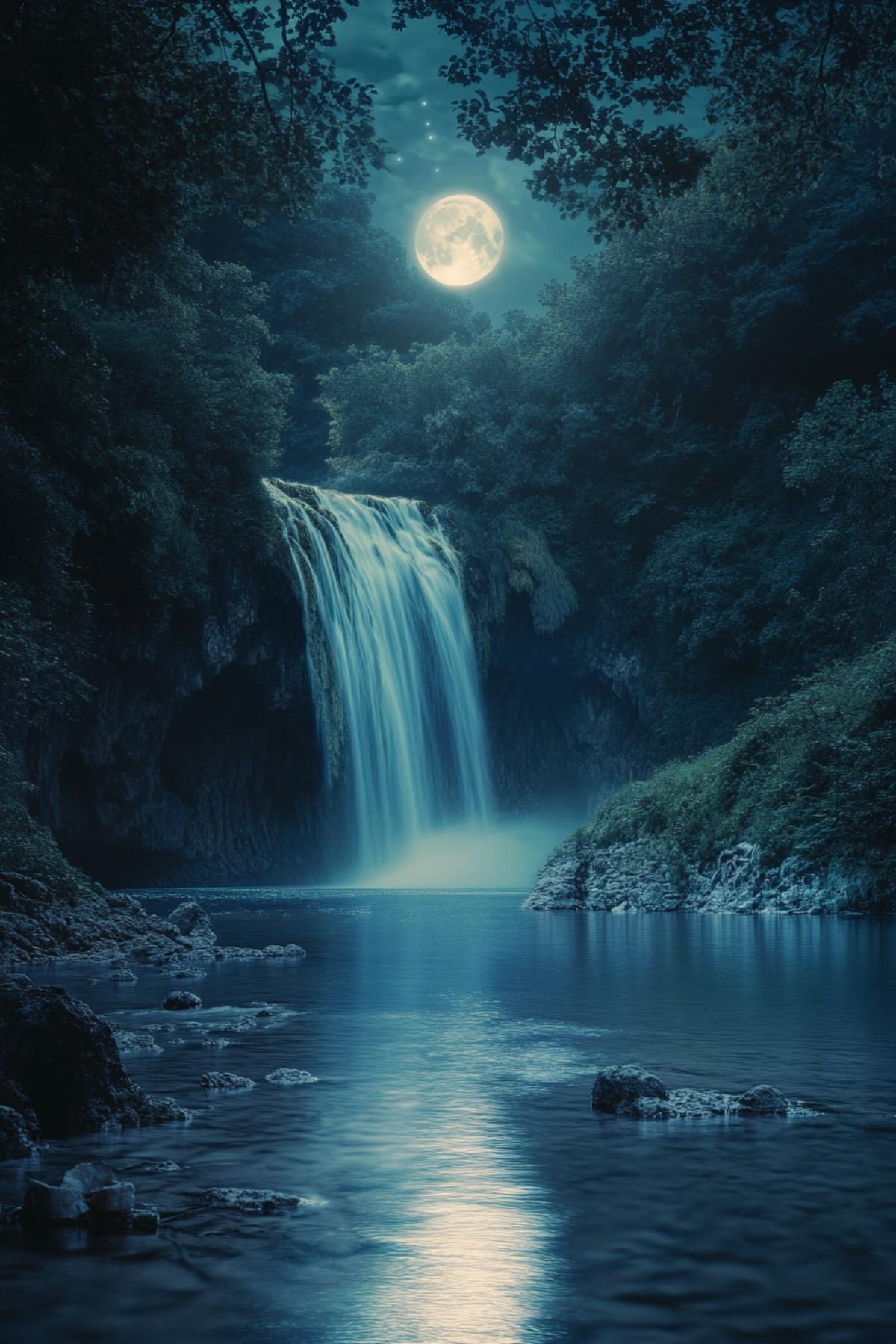 Night landscape, a waterfall illuminated by the moon, crystal clear water, a smooth stream, lunar reflections on the surface of the water, a dense forest, deep and soft shadows, a light blue palette, a clear sky with rare stars, the silence and grandeur of nature, a feeling of calm and tranquility.